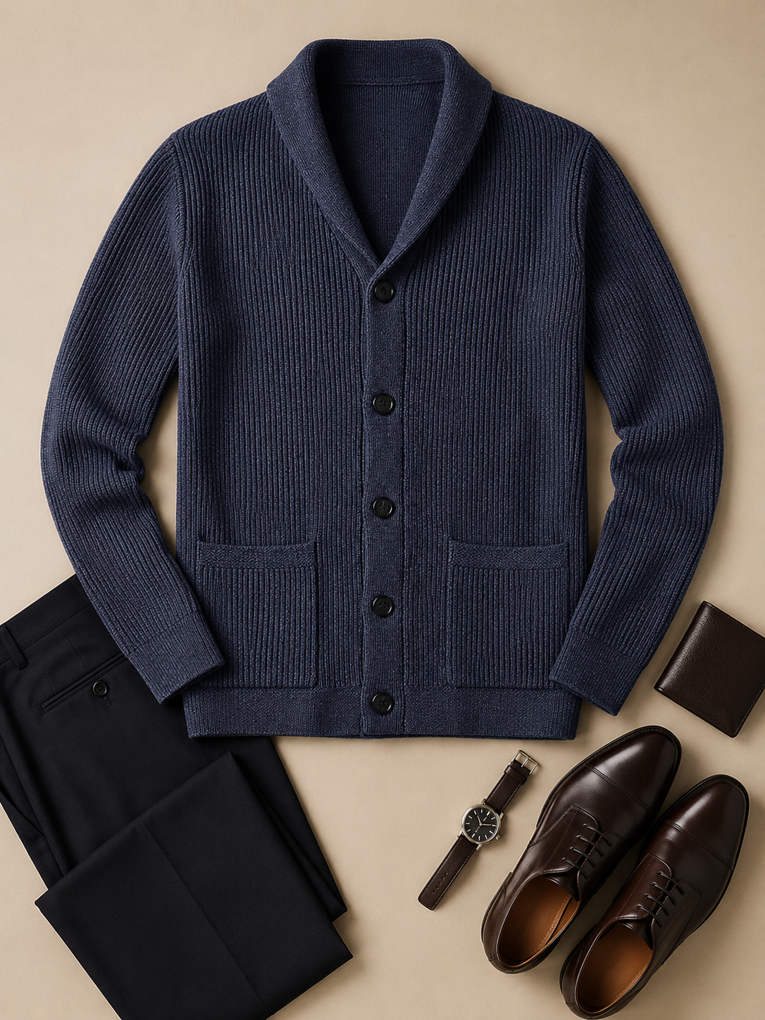 Cable Knit Shawl Collar Cardigan — Navy