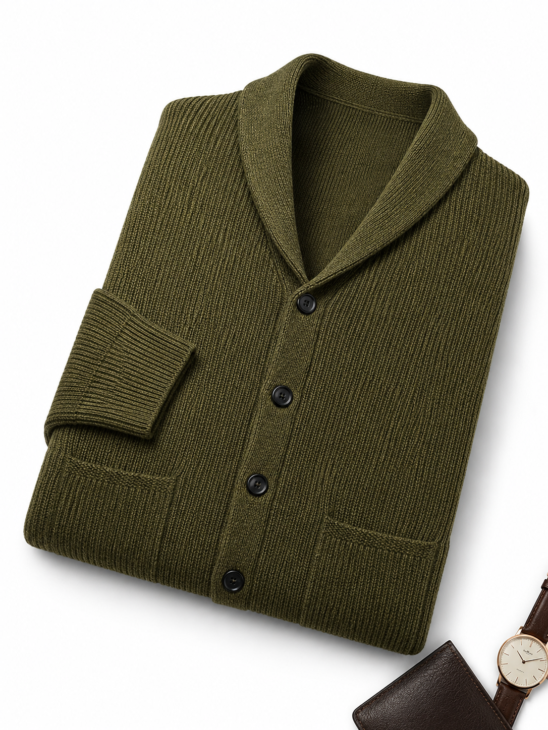 Cable Knit Shawl Collar Cardigan — Olive