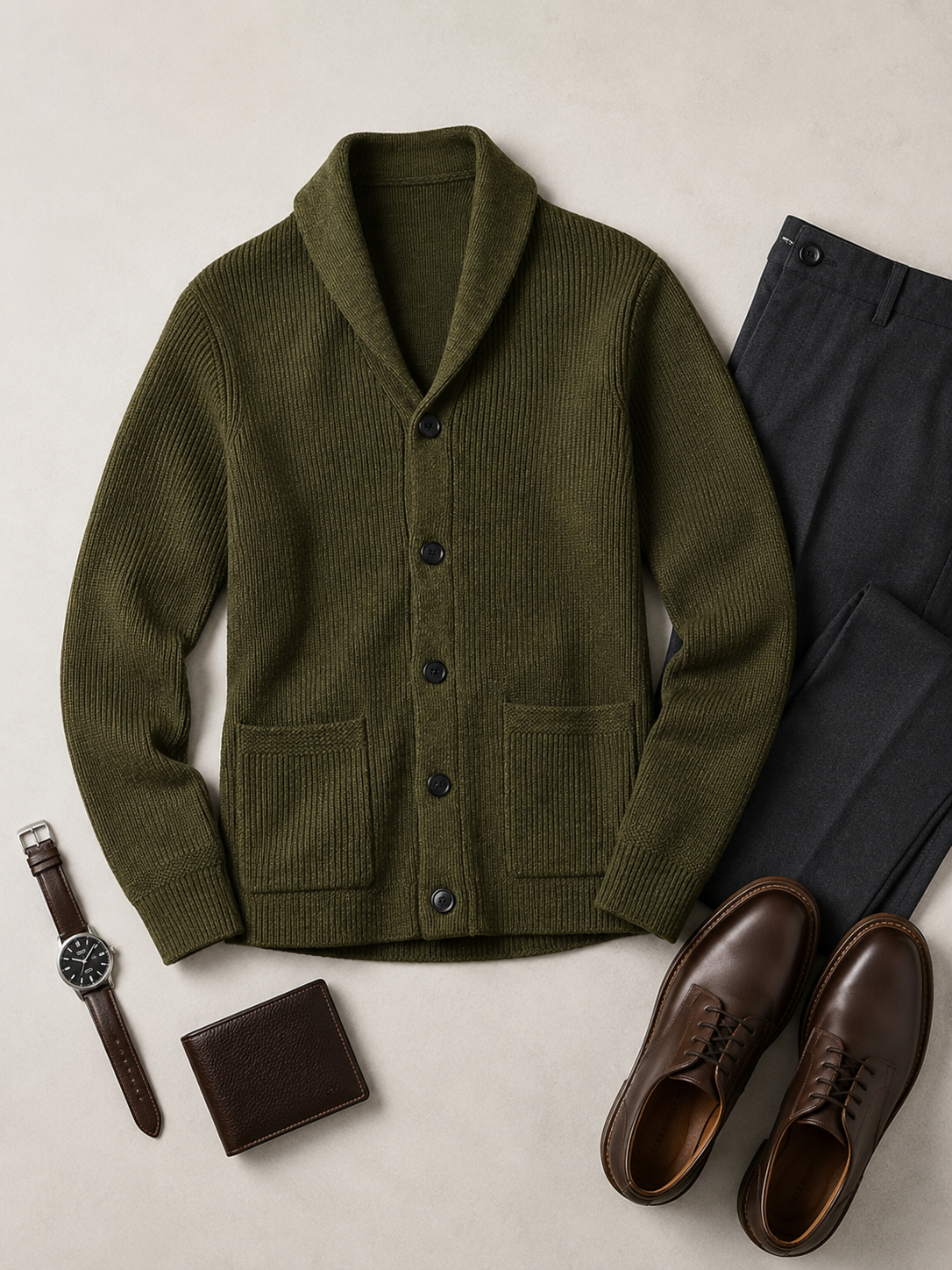 Cable Knit Shawl Collar Cardigan — Olive