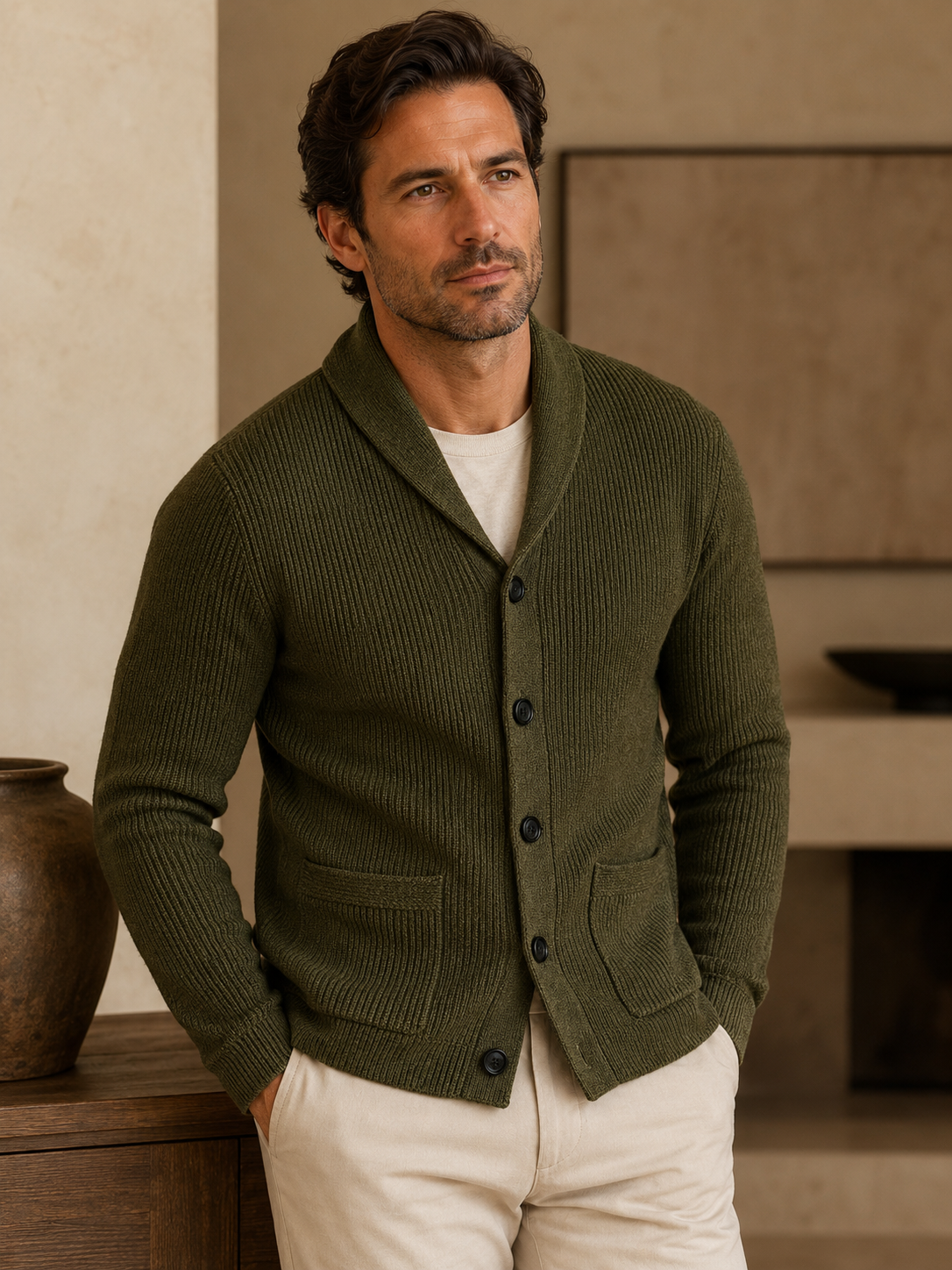 Cable Knit Shawl Collar Cardigan — Olive