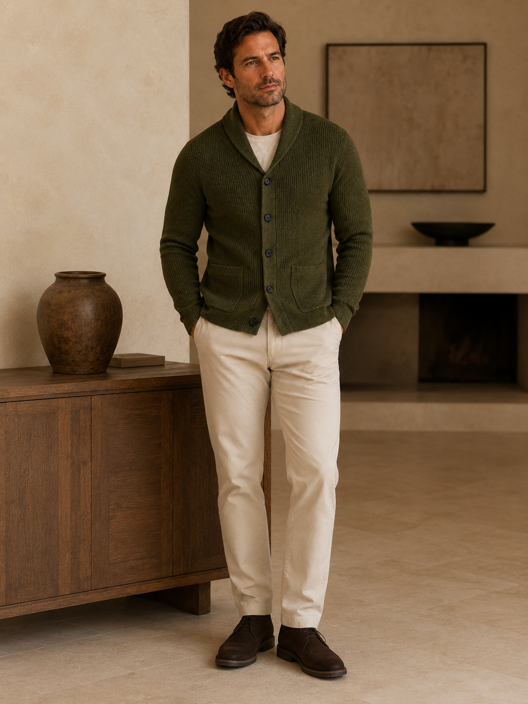 Cable Knit Shawl Collar Cardigan — Olive