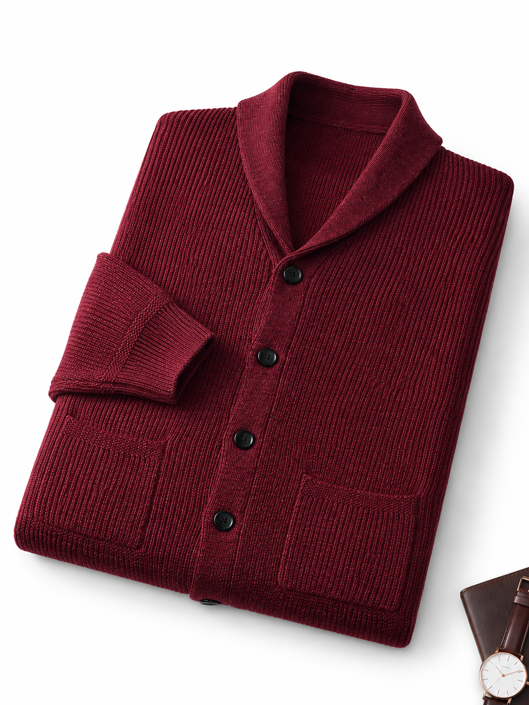 Cable Knit Shawl Collar Cardigan — Wine Red