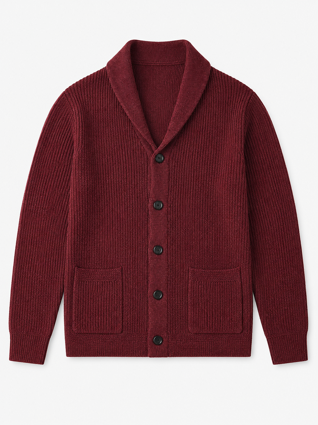 Cable Knit Shawl Collar Cardigan — Wine Red