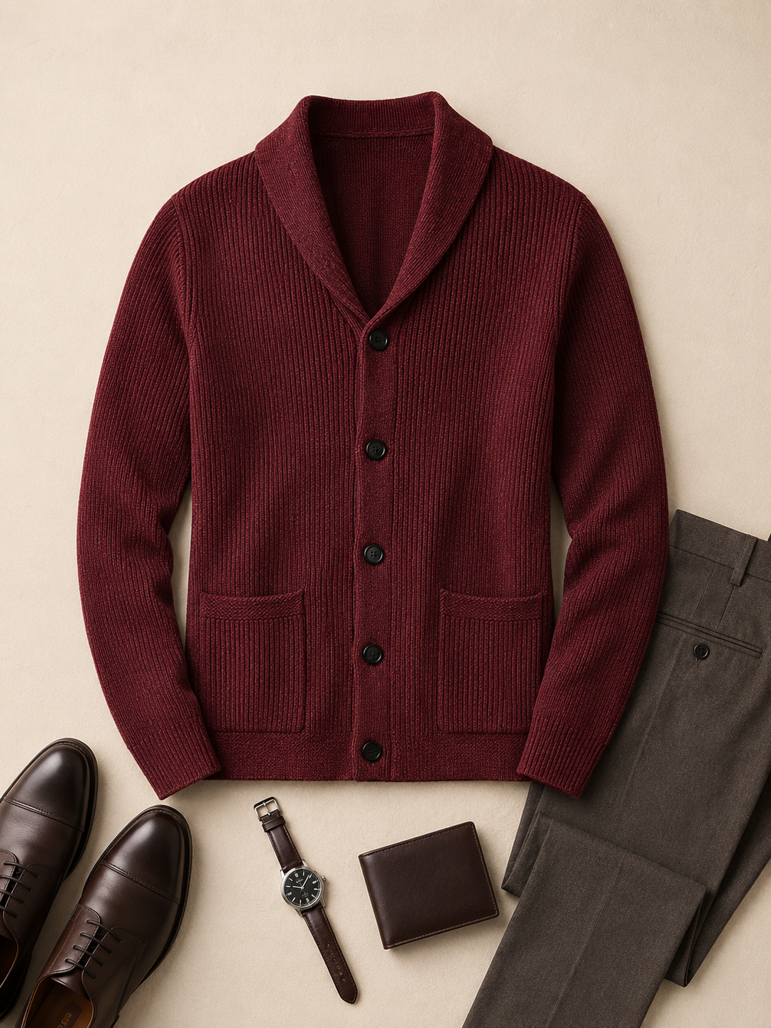 Cable Knit Shawl Collar Cardigan — Wine Red