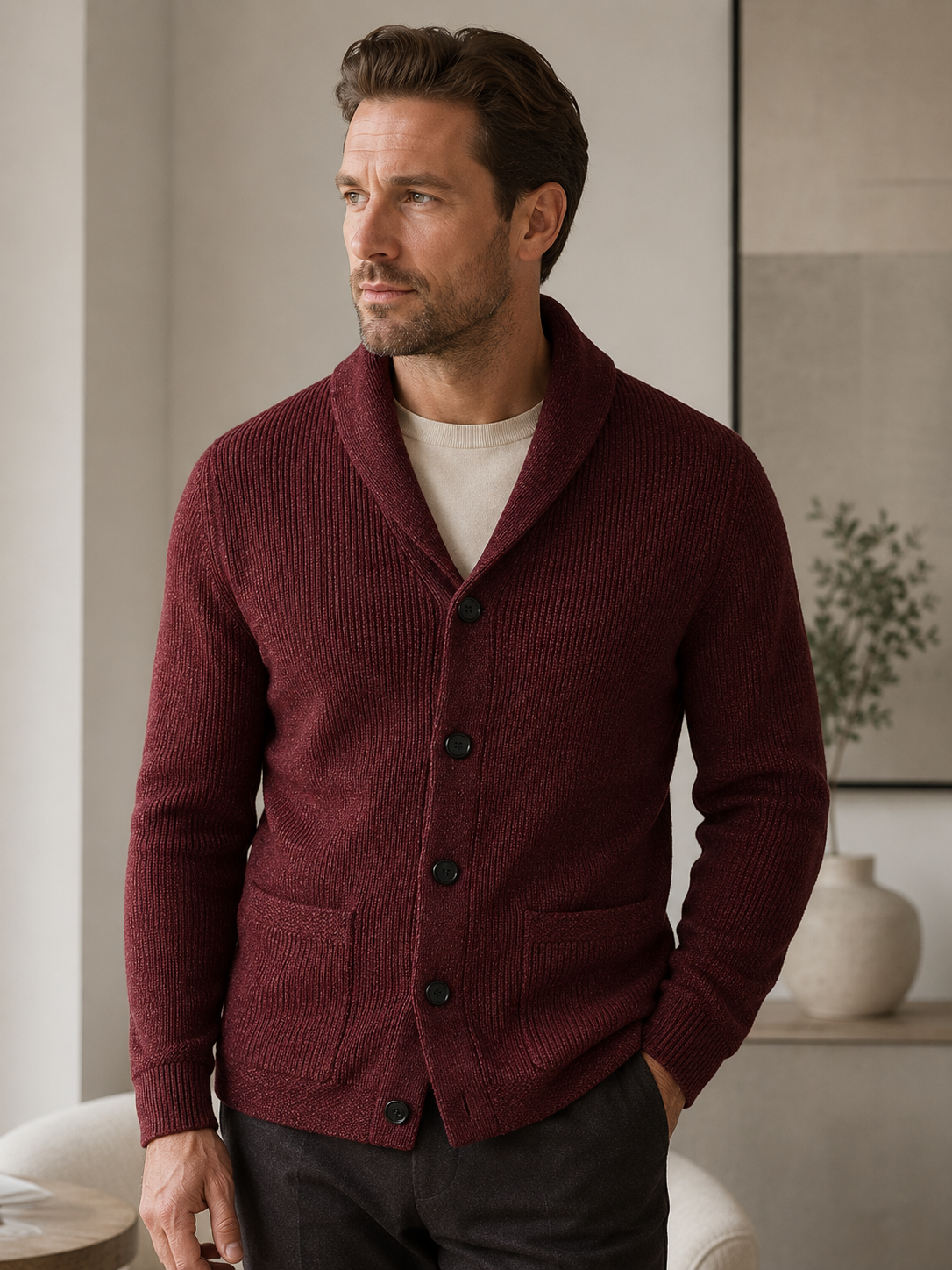 Cable Knit Shawl Collar Cardigan — Wine Red