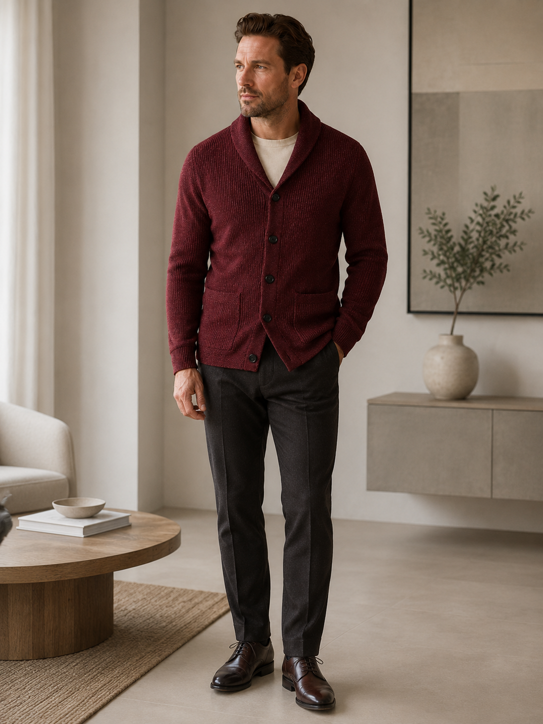 Cable Knit Shawl Collar Cardigan — Wine Red