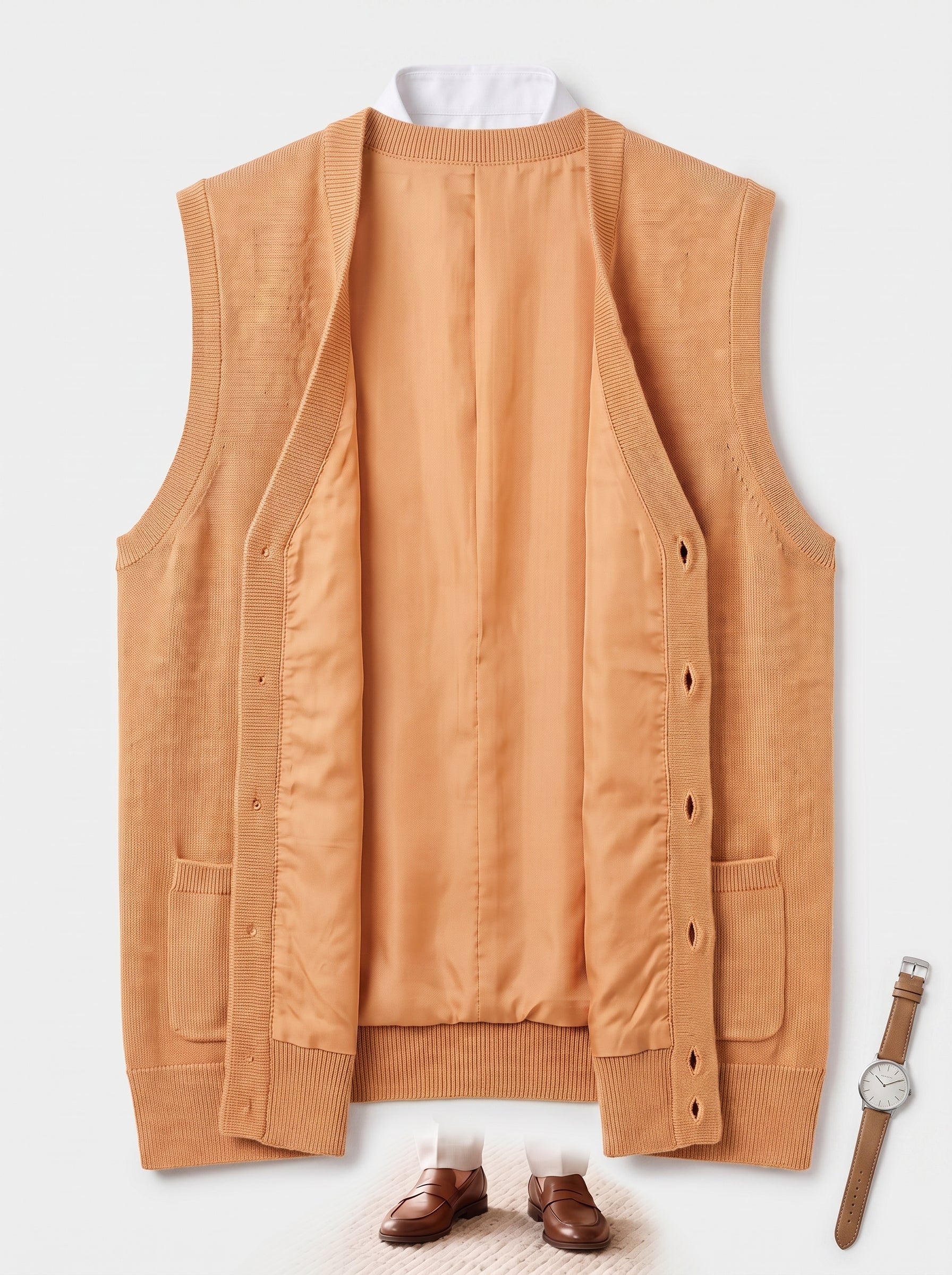 Herringbone V-Neck Sweater Vest — Apricot