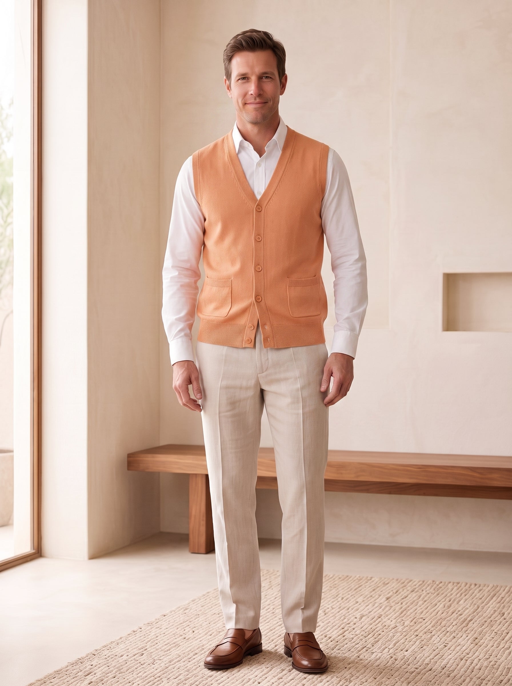 Herringbone V-Neck Sweater Vest — Apricot