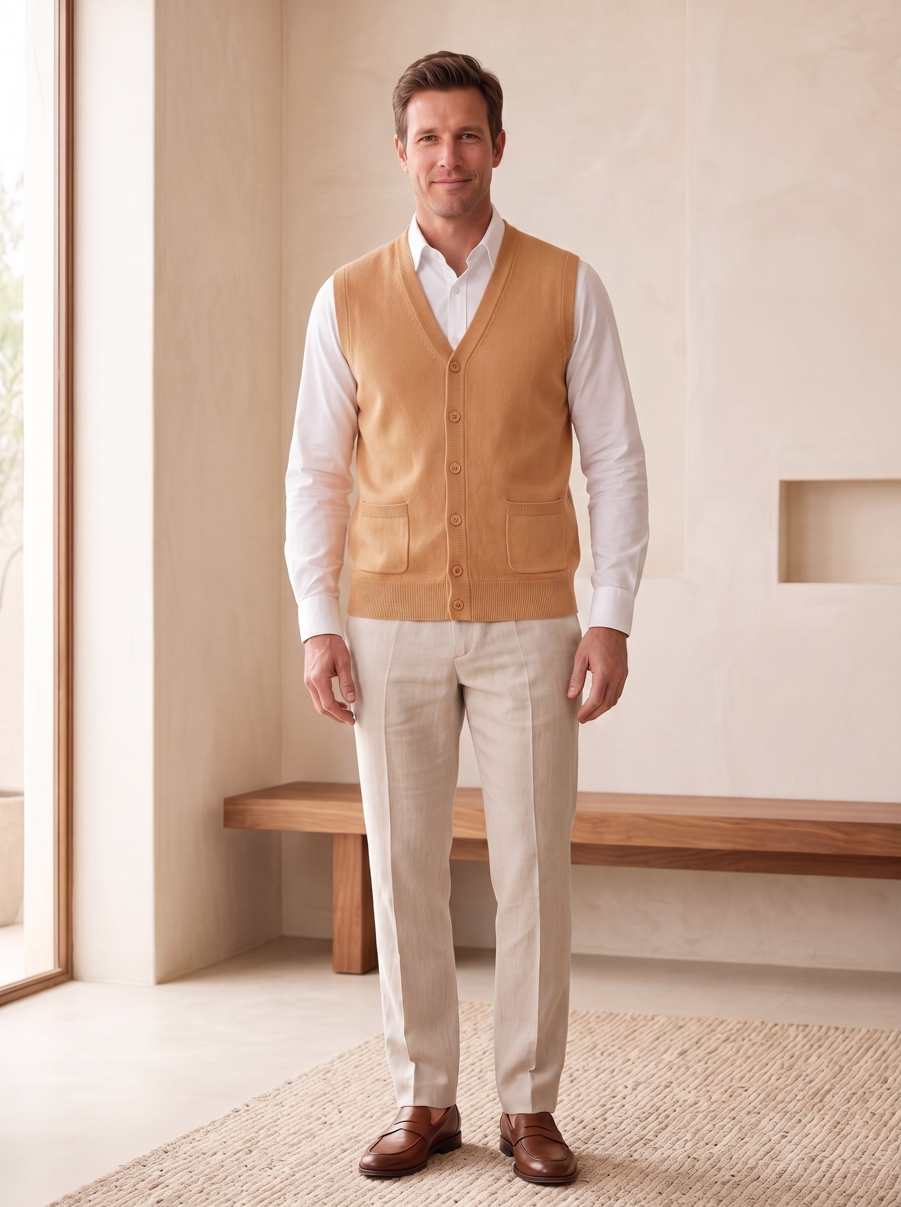 Herringbone V-Neck Sweater Vest — Apricot