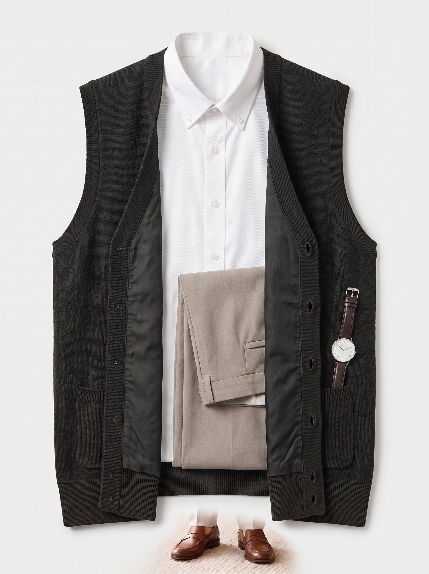 Herringbone V-Neck Sweater Vest — Black