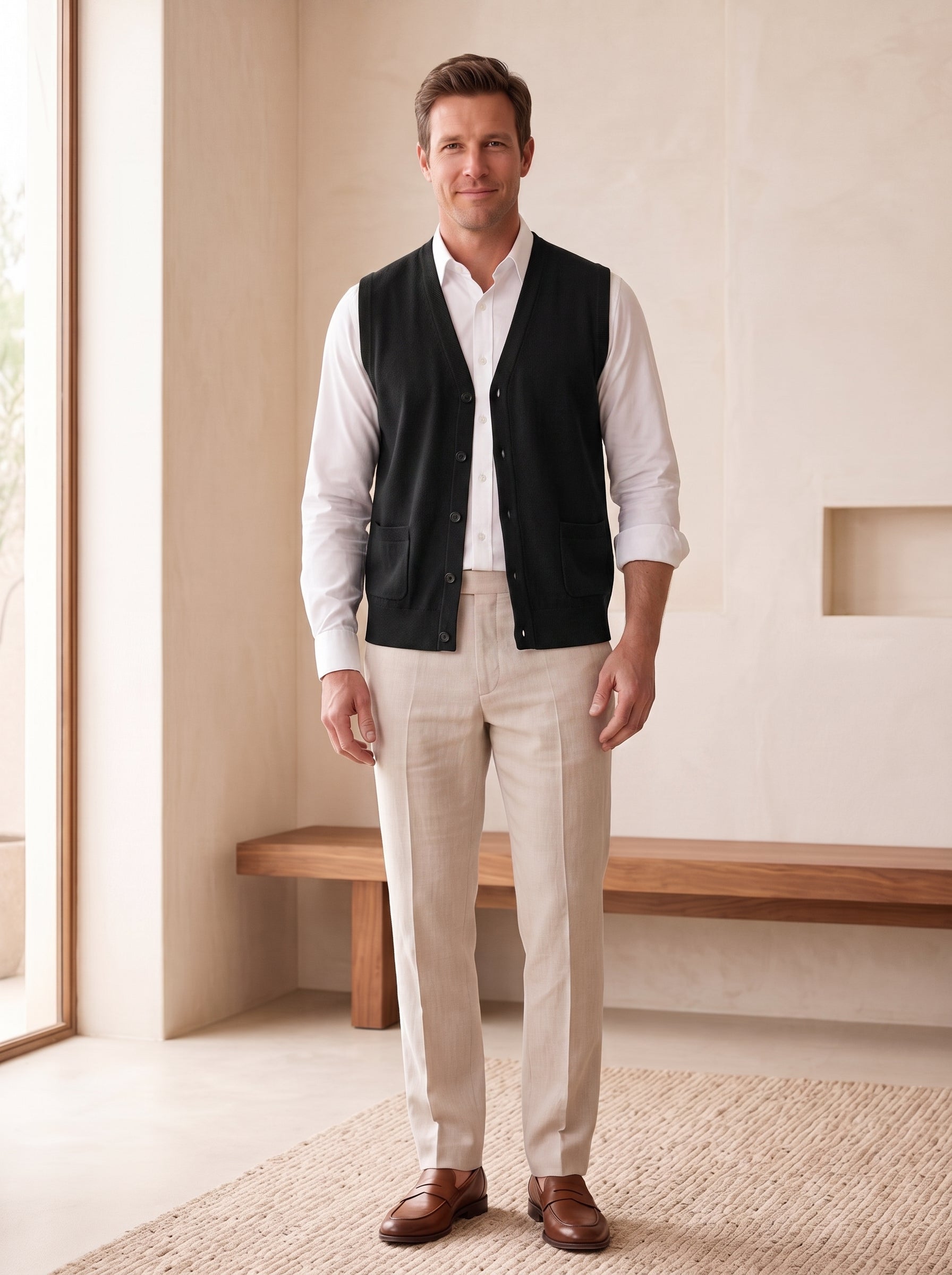 Herringbone V-Neck Sweater Vest — Black