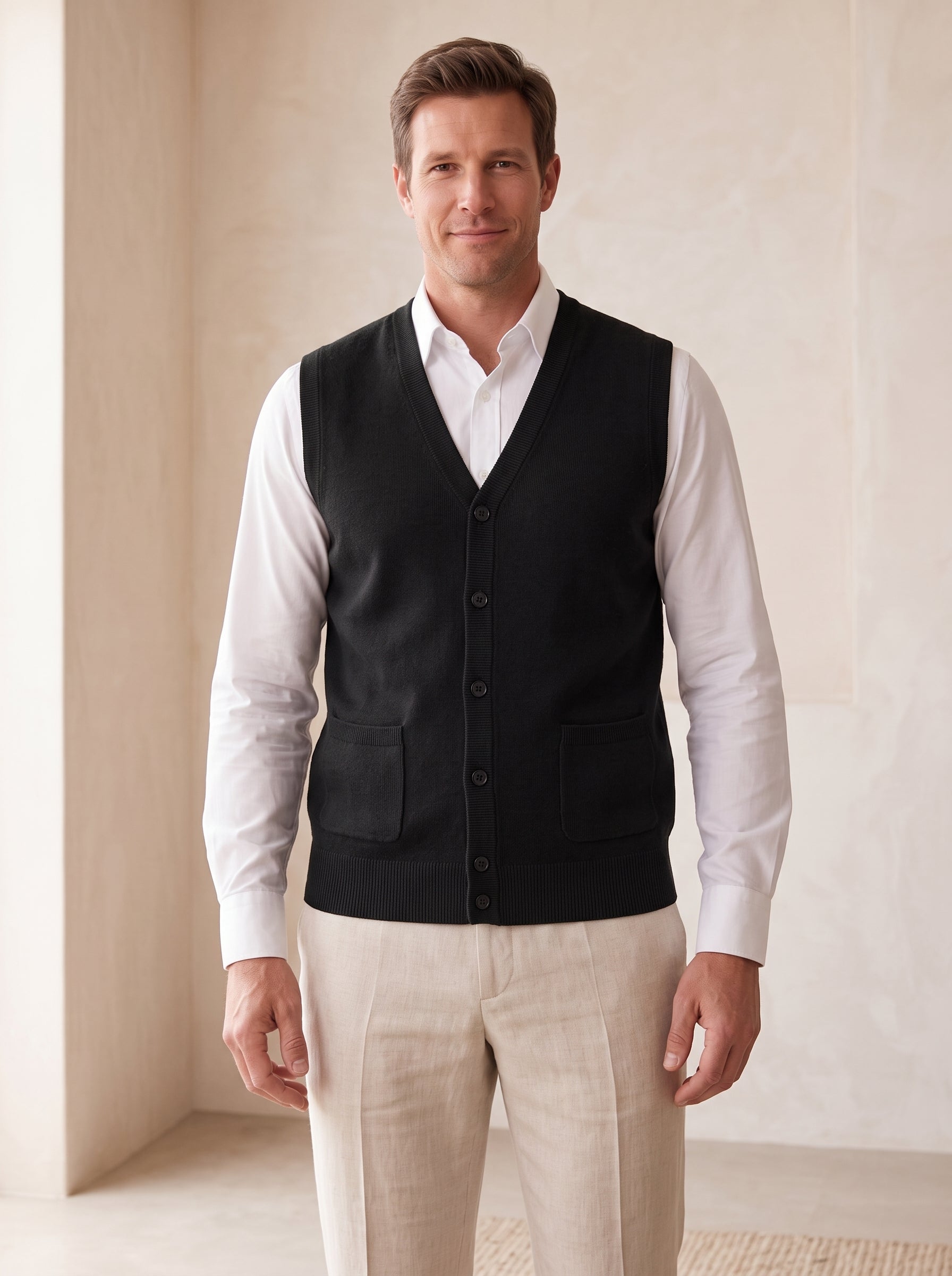 Herringbone V-Neck Sweater Vest — Black