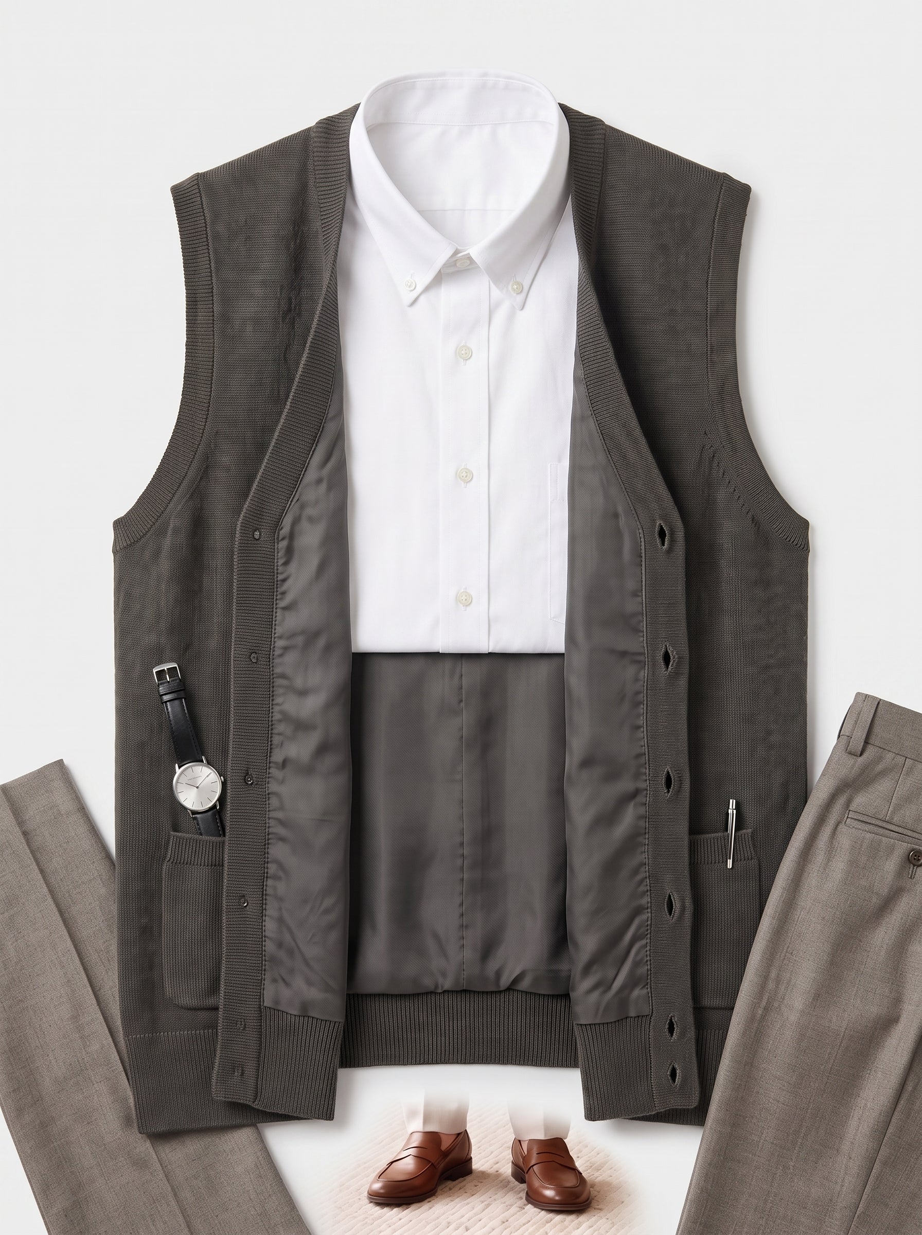 Herringbone V-Neck Sweater Vest — Dark grey