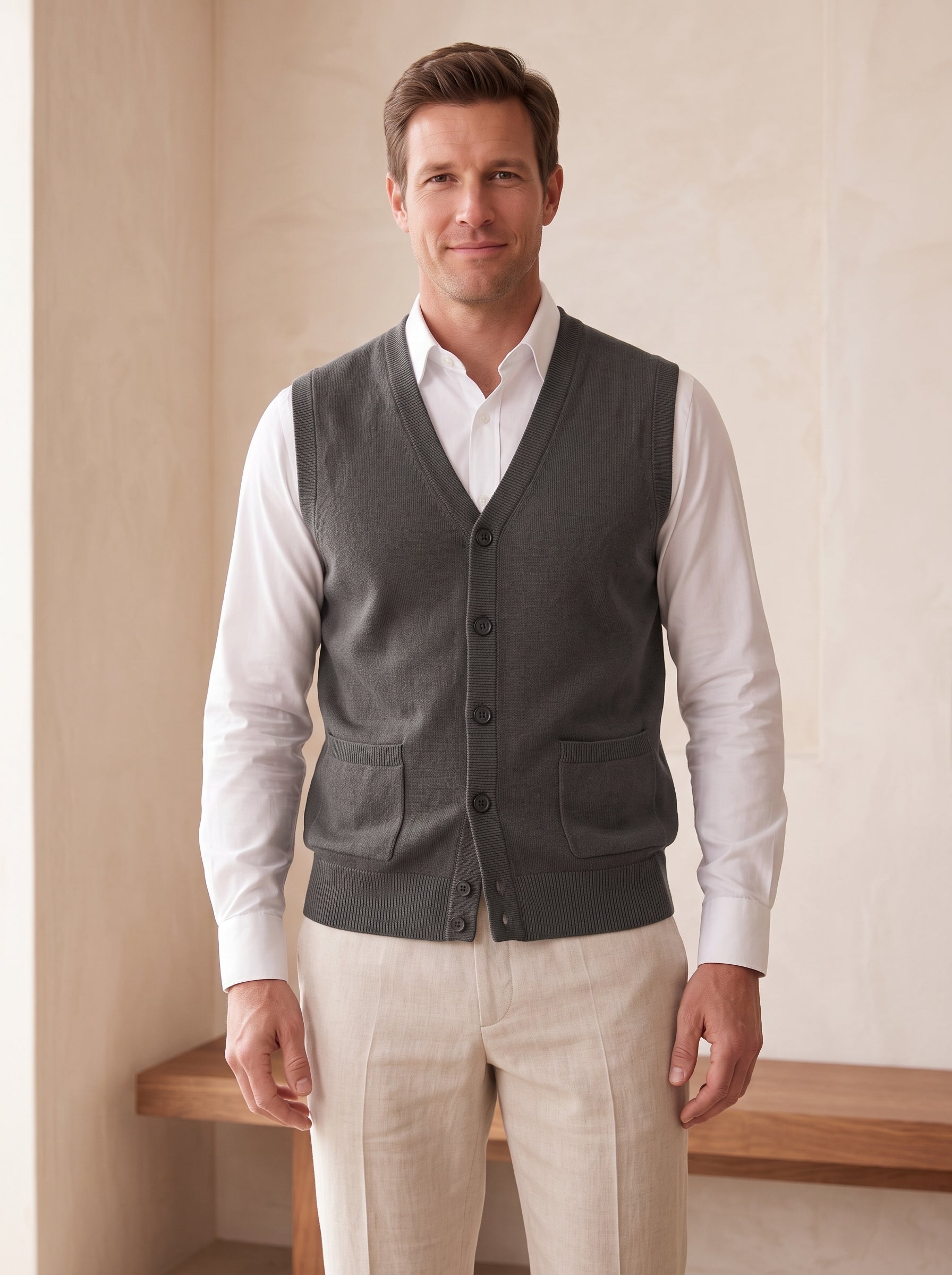 Herringbone V-Neck Sweater Vest — Dark grey