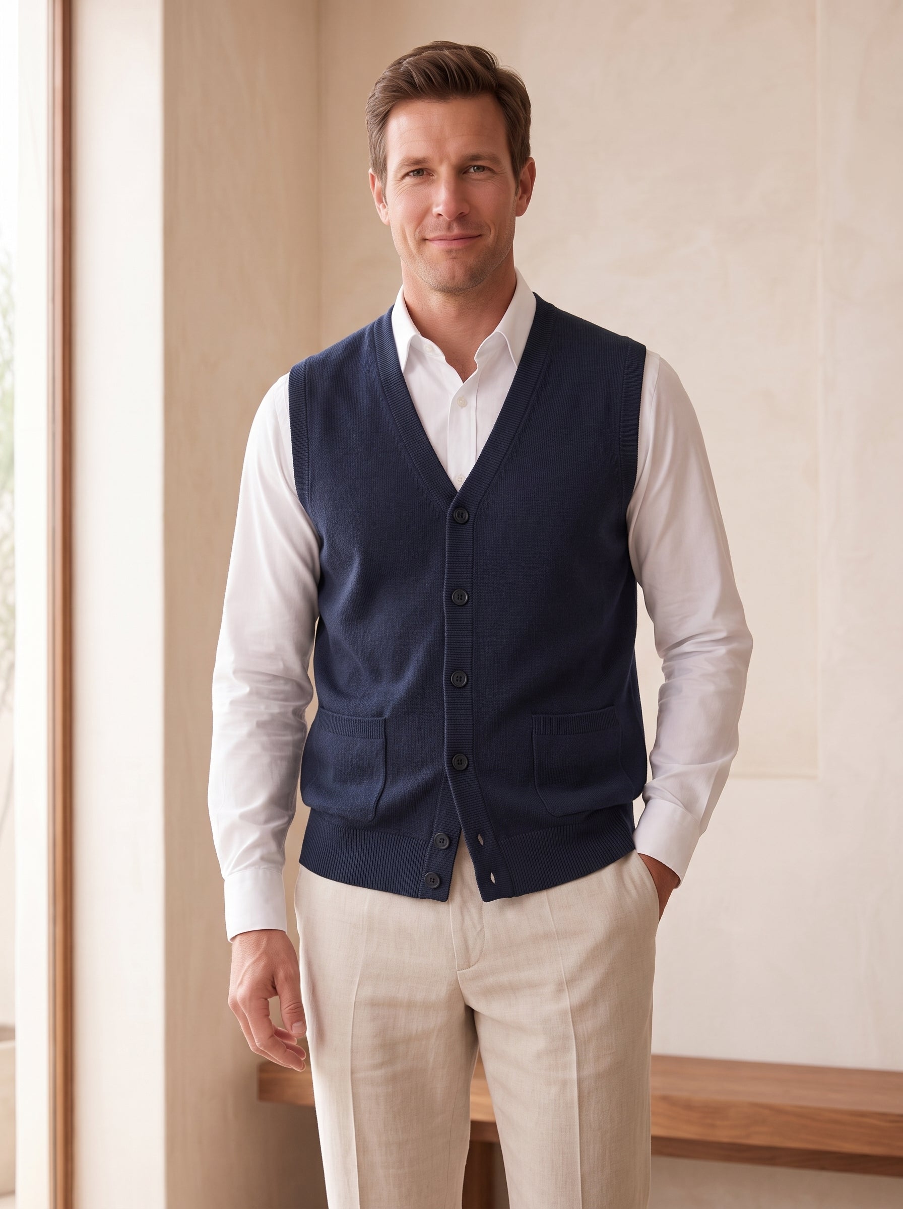 Herringbone V-Neck Sweater Vest — Navy