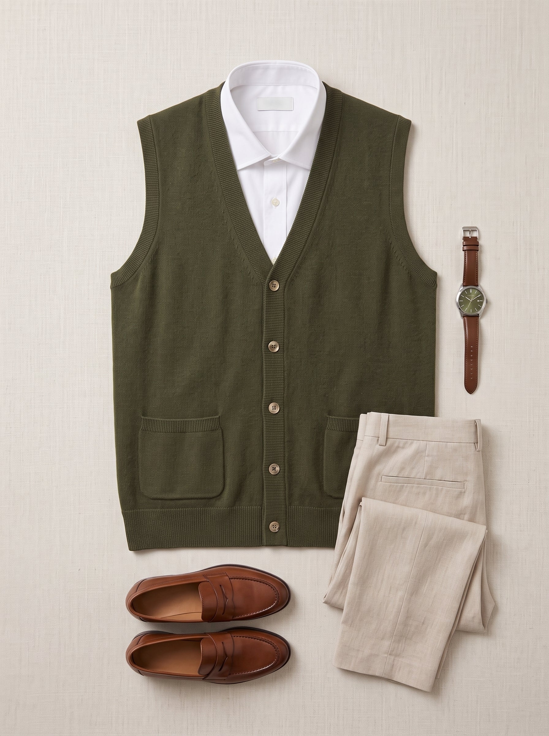 Herringbone V-Neck Sweater Vest — Olive