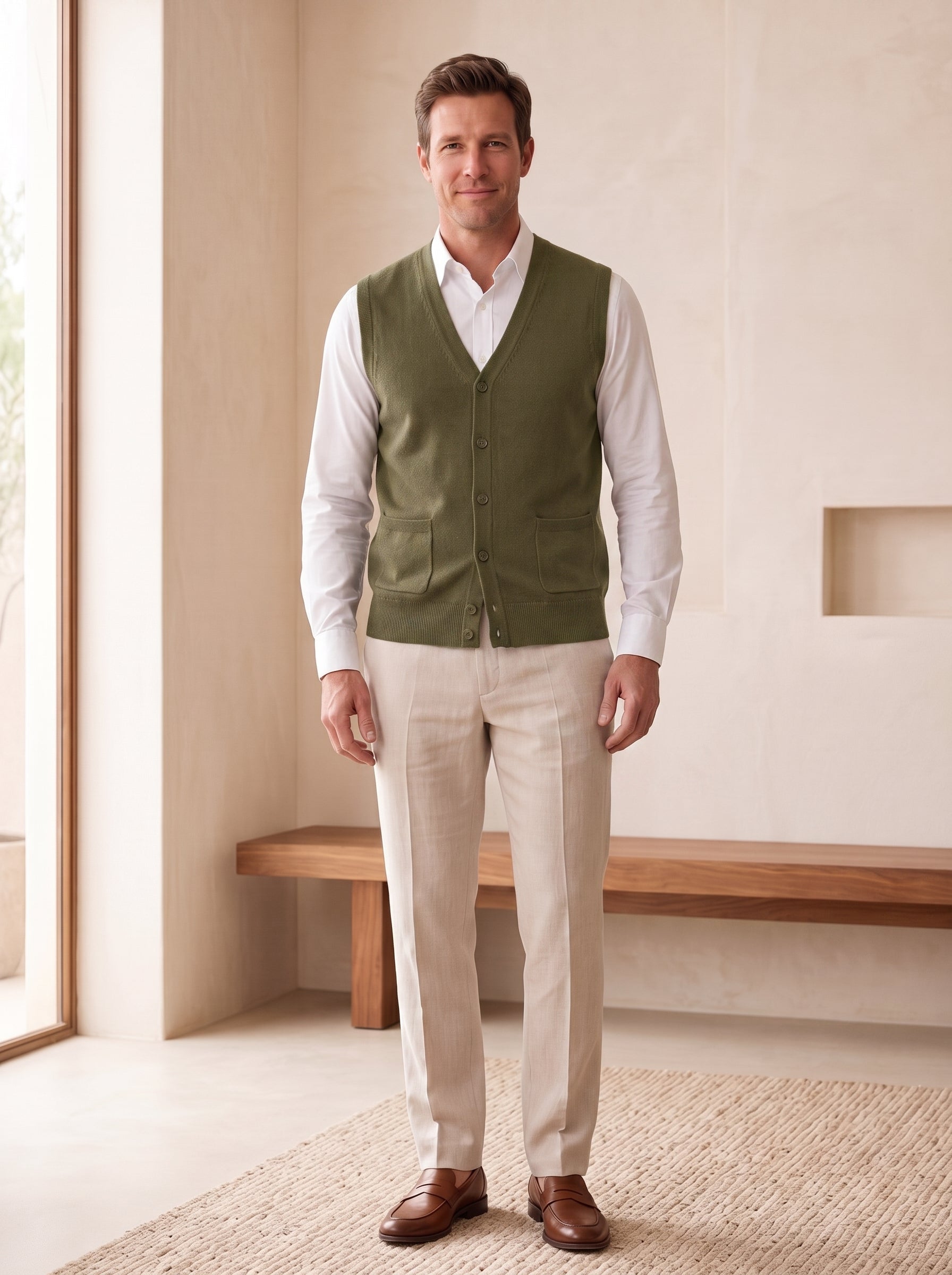 Herringbone V-Neck Sweater Vest — Olive