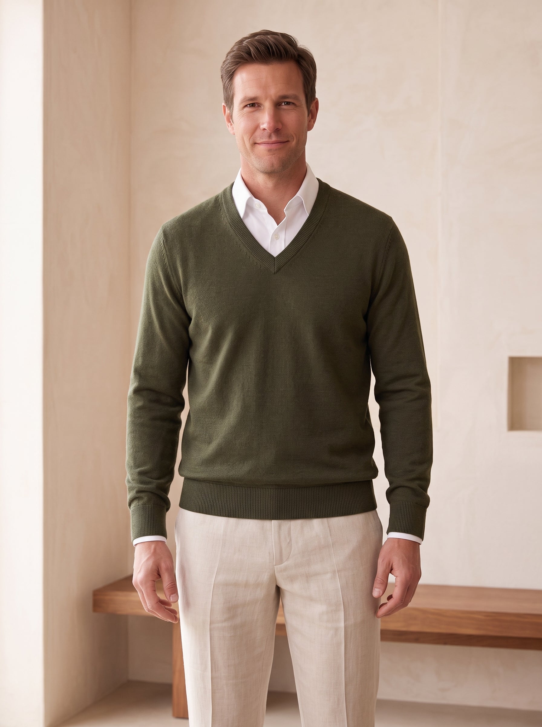Herringbone V-Neck Sweater Vest — Olive