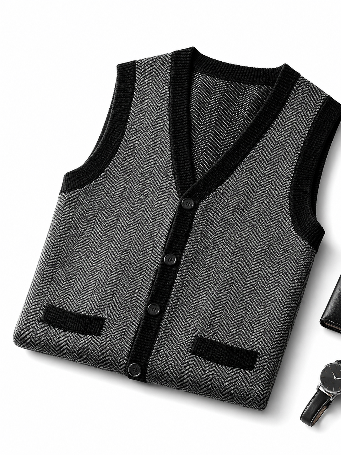 Solid Knit Sweater Vest — Black-Grey