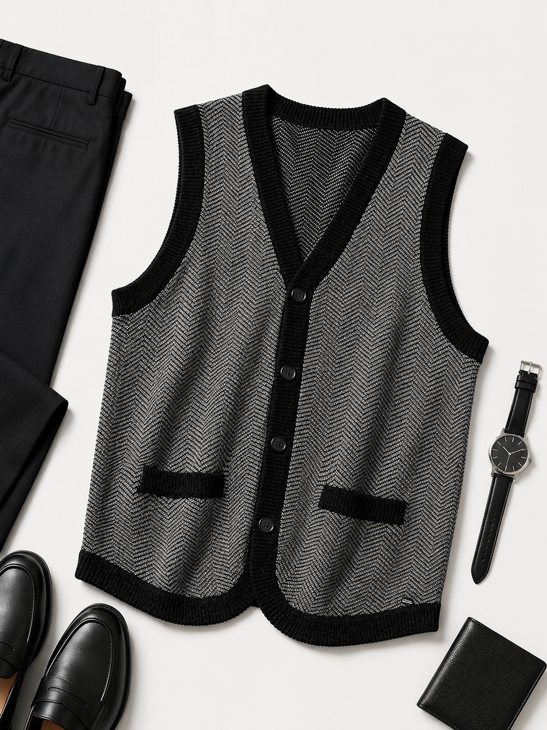 Solid Knit Sweater Vest — Black-Grey