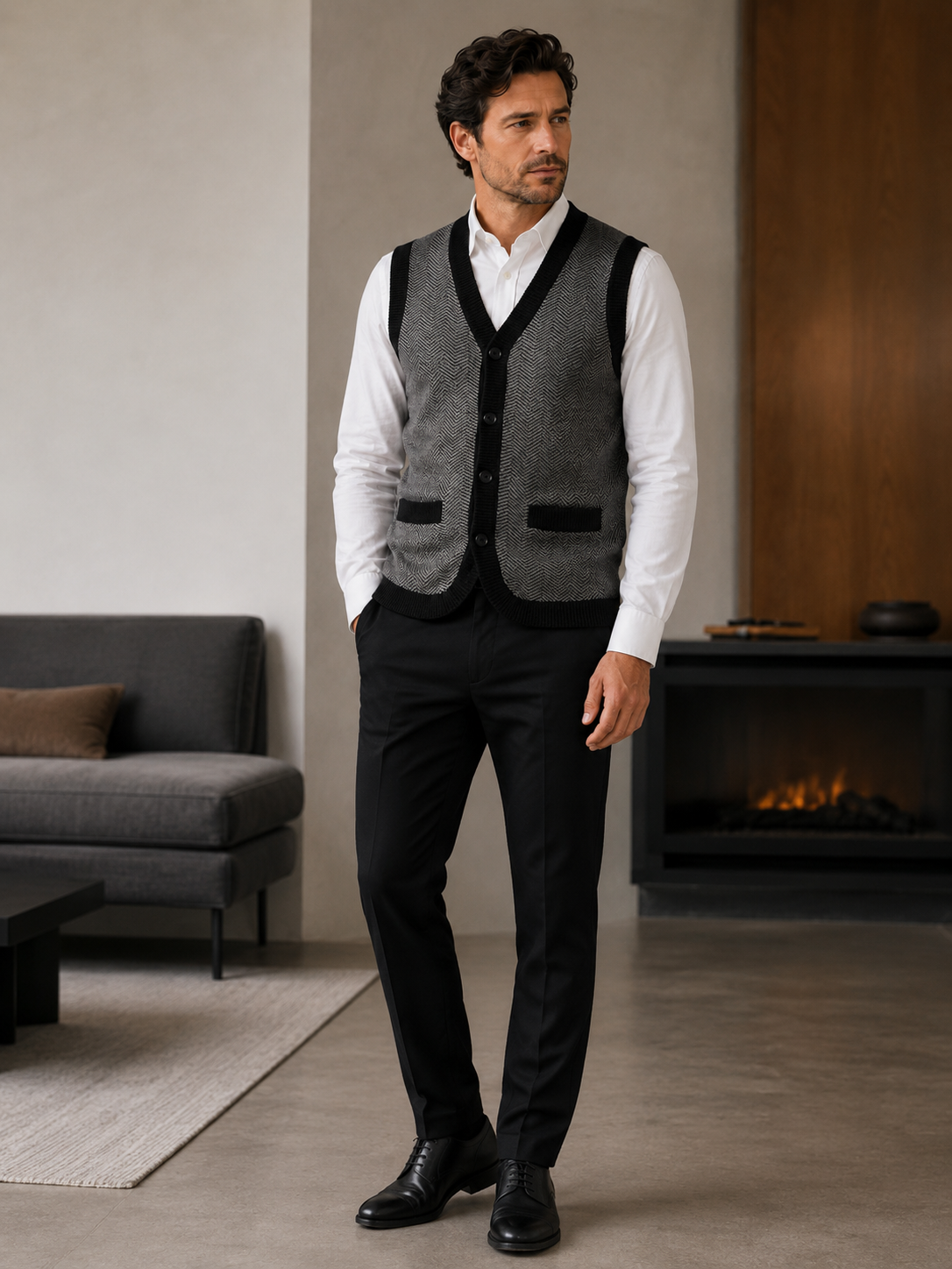 Solid Knit Sweater Vest — Black-Grey