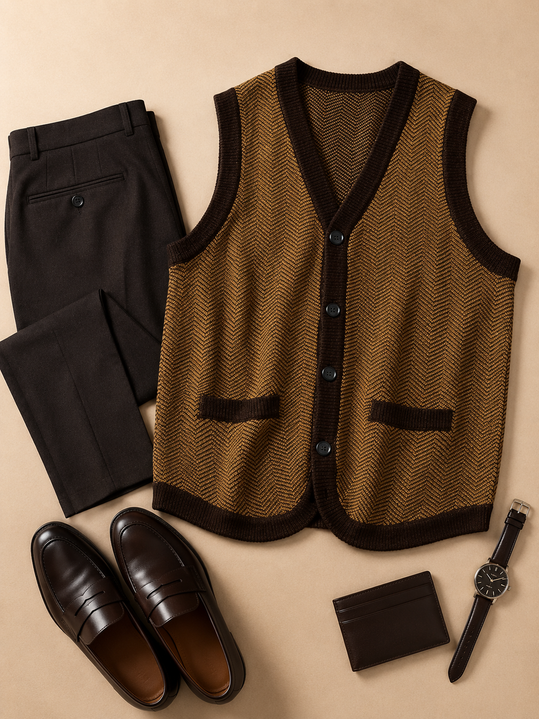 Solid Knit Sweater Vest — Coffee-Brown
