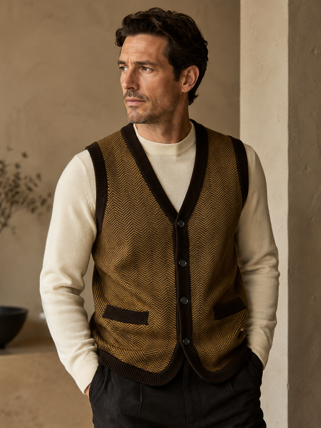 Solid Knit Sweater Vest — Coffee-Brown