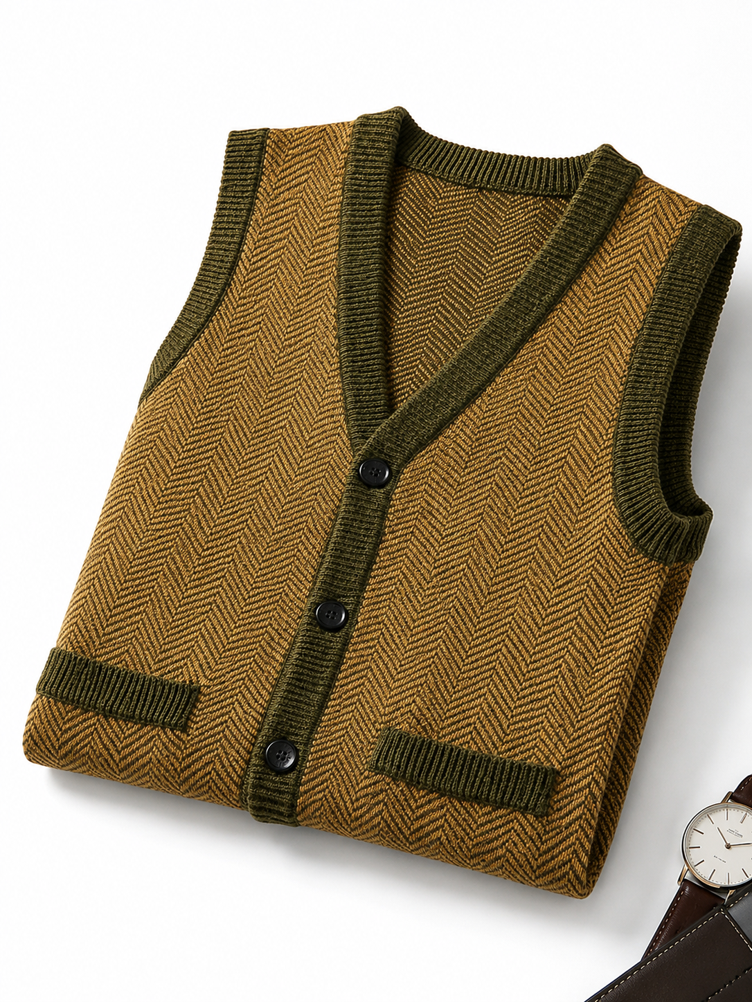 Solid Knit Sweater Vest — Olive-Brown