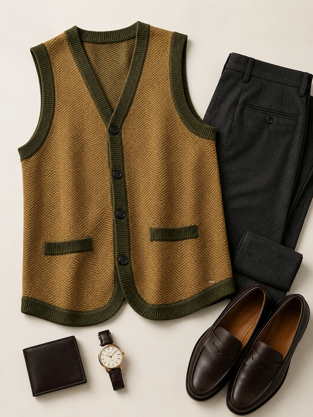 Solid Knit Sweater Vest — Olive-Brown