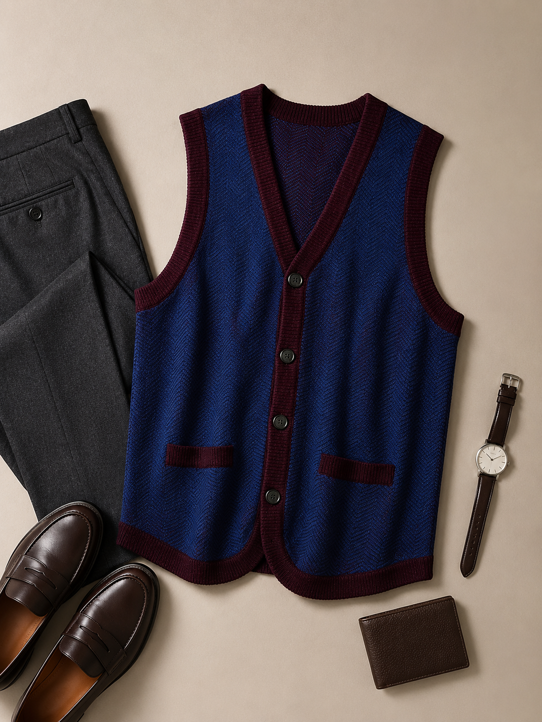 Solid Knit Sweater Vest — Wine Red-Blue
