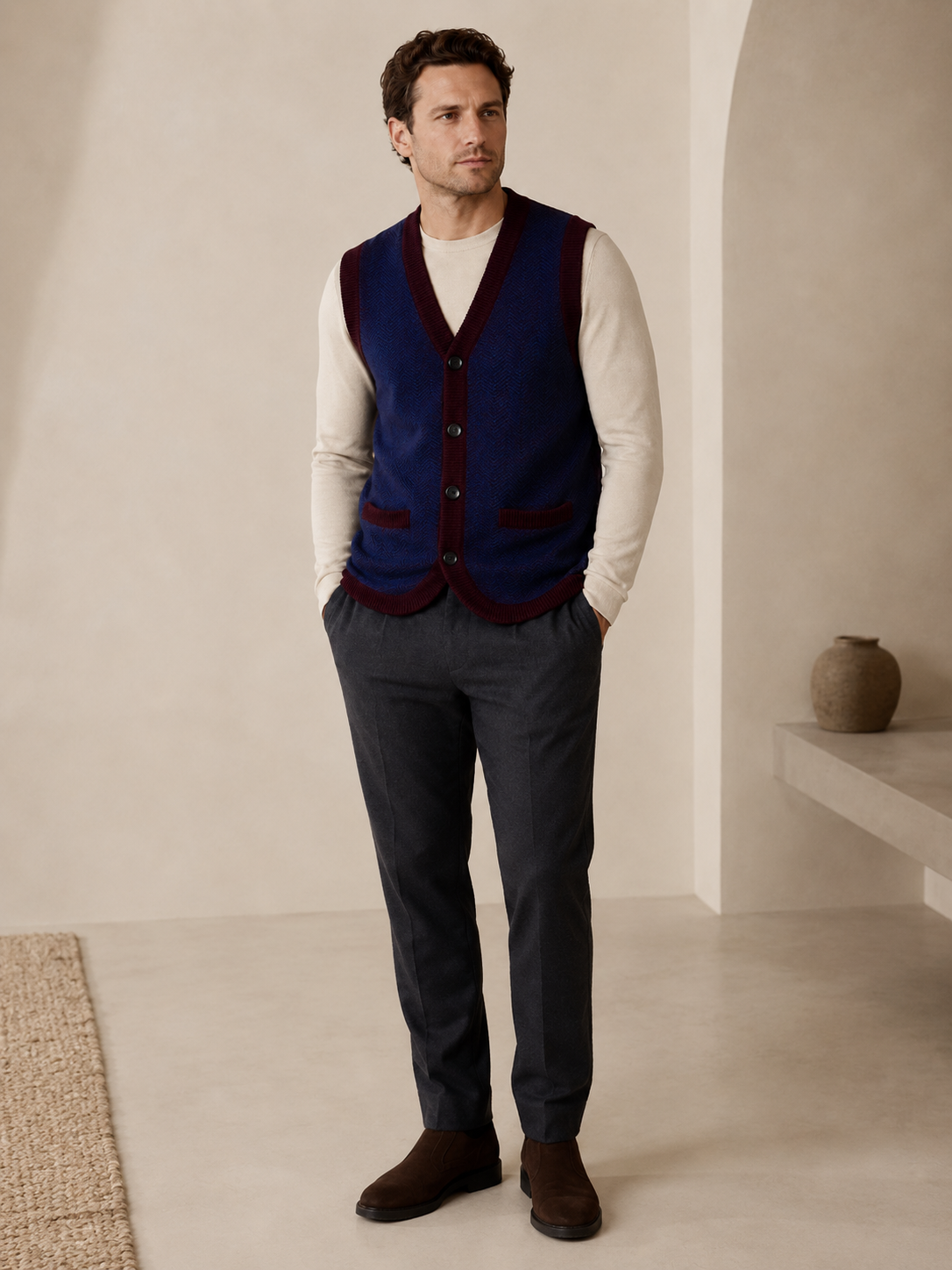 Solid Knit Sweater Vest — Wine Red-Blue