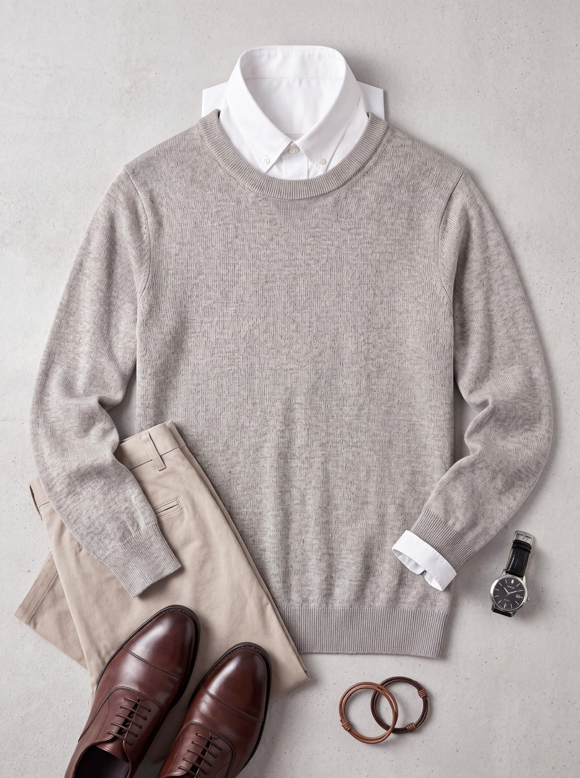 Solid Crew Neck Sweater — Light grey