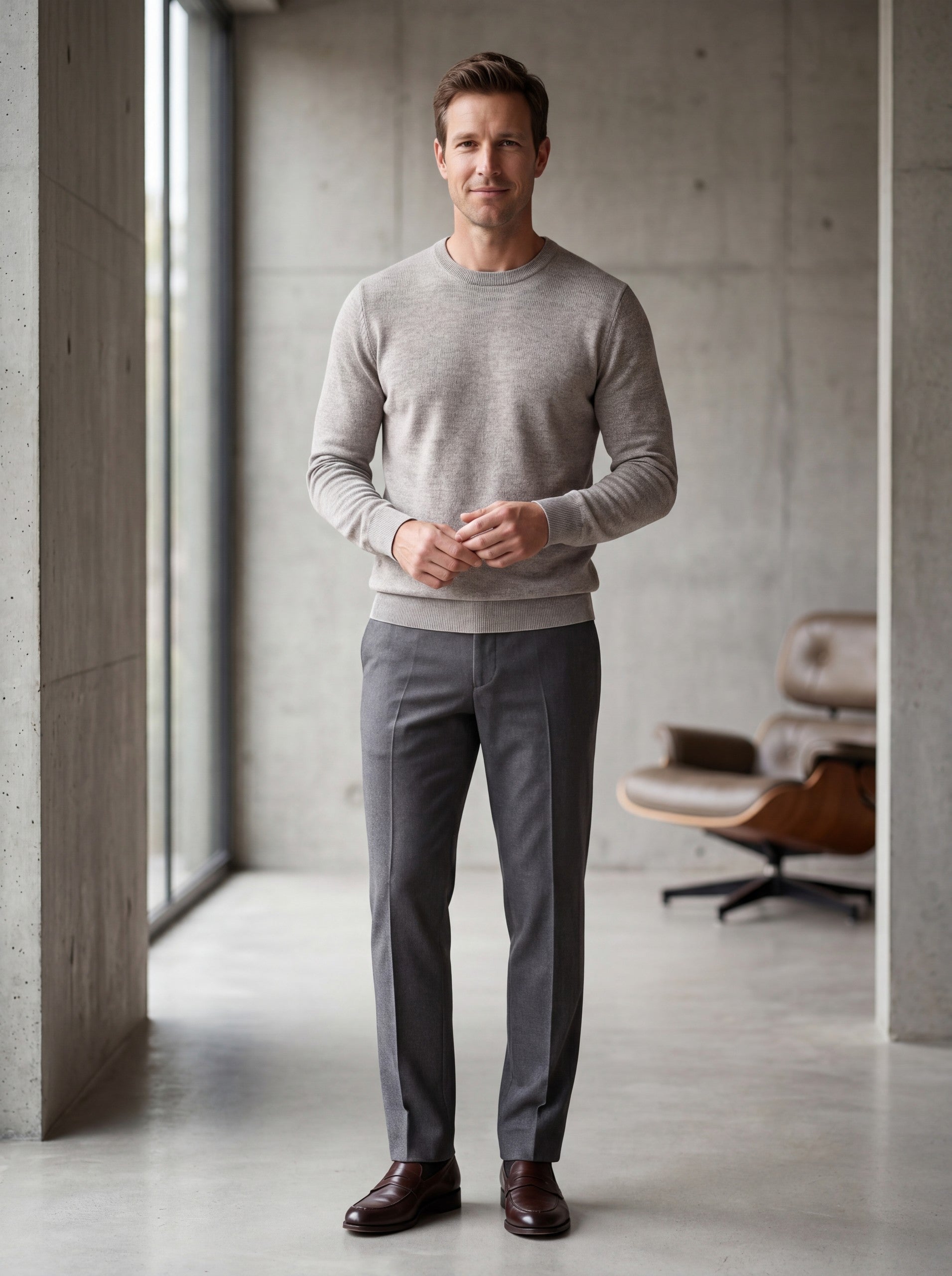 Solid Crew Neck Sweater — Light grey