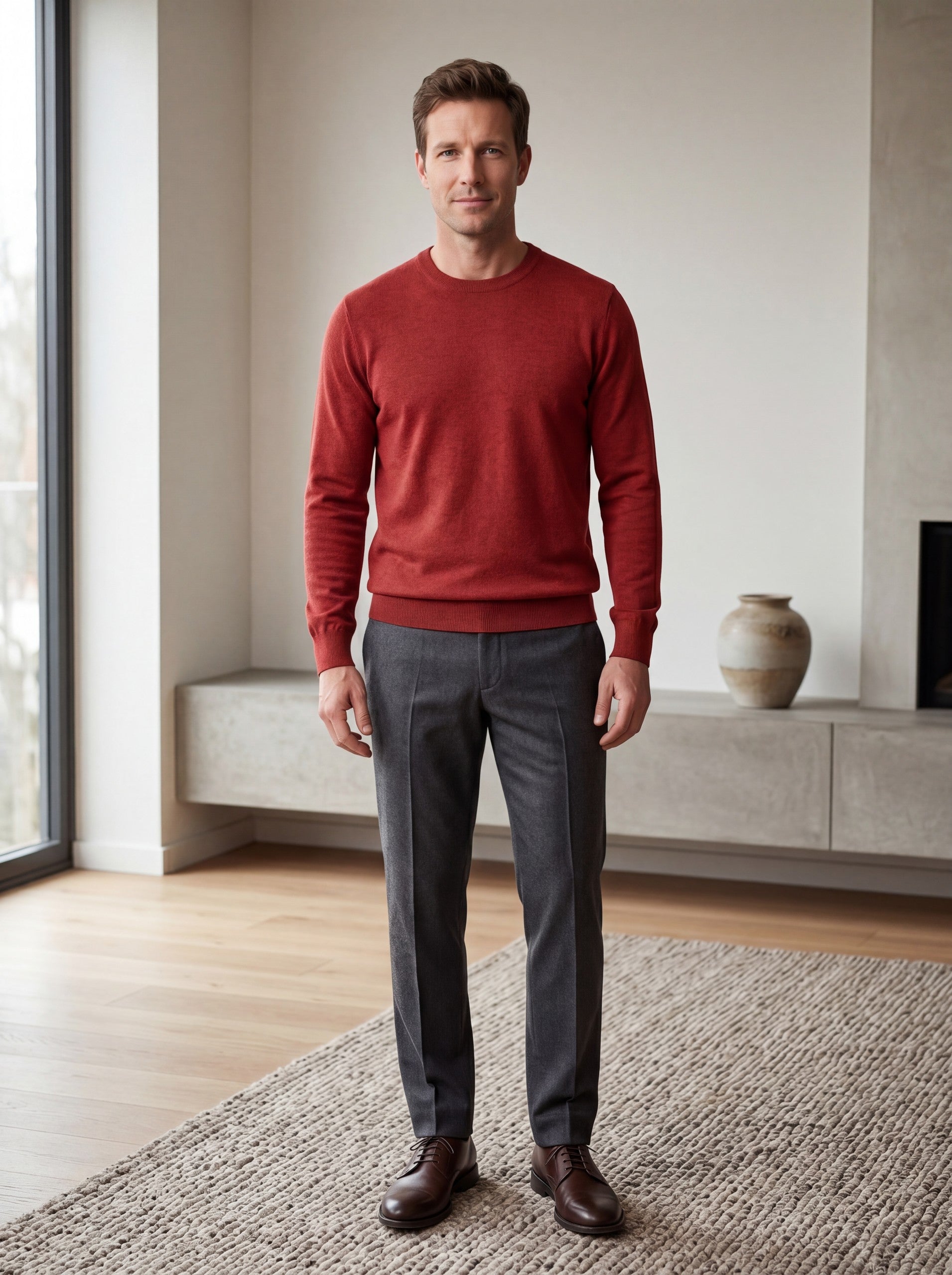 Solid Crew Neck Sweater — Red