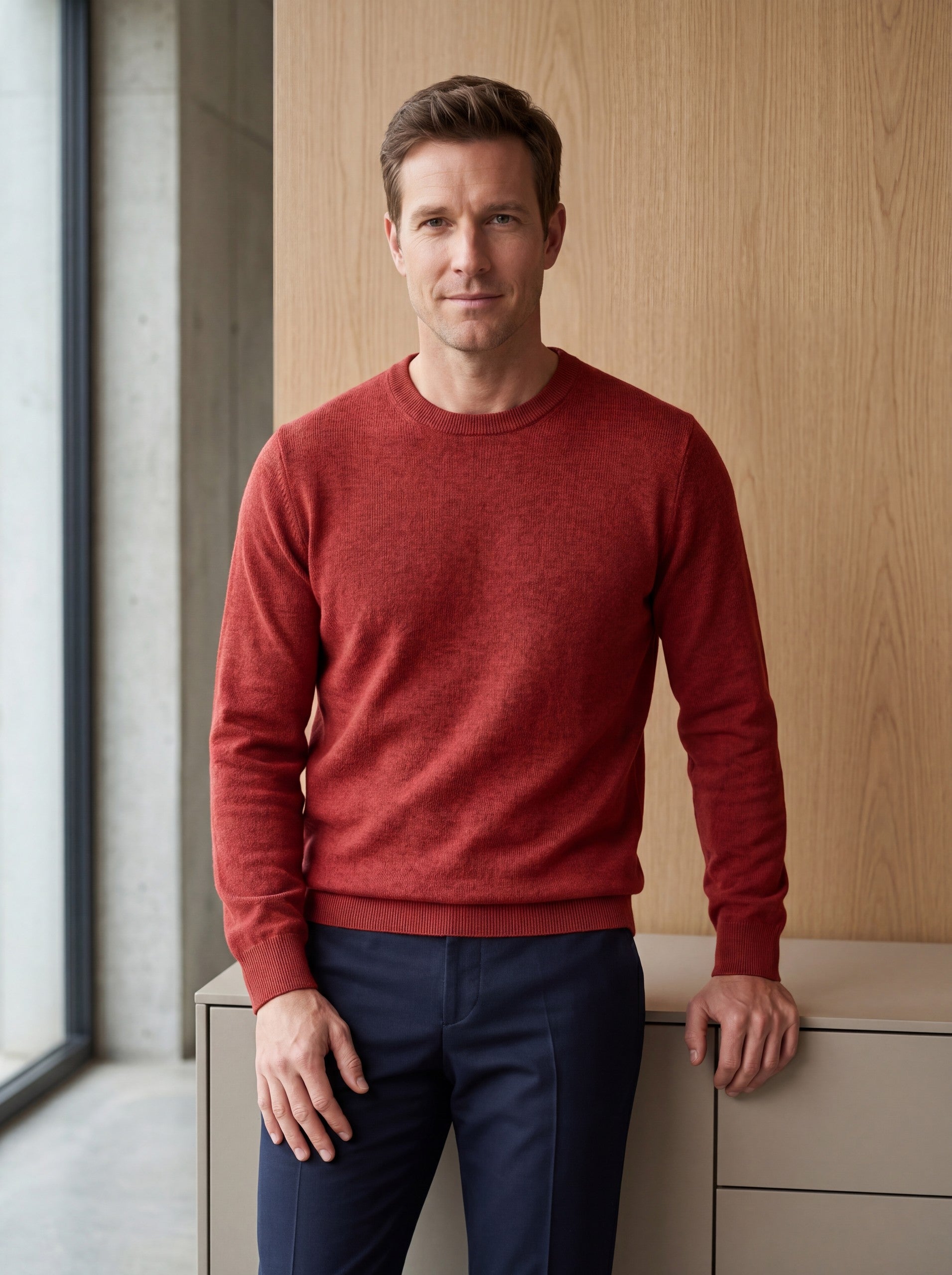Solid Crew Neck Sweater — Red