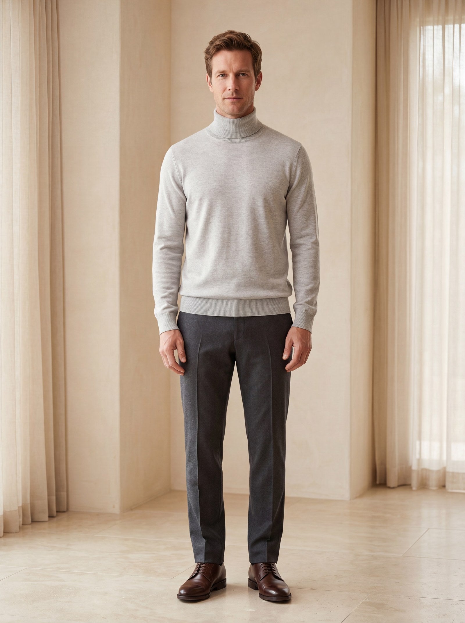 Heavy Gauge Turtleneck Wool Sweater — Light Grey