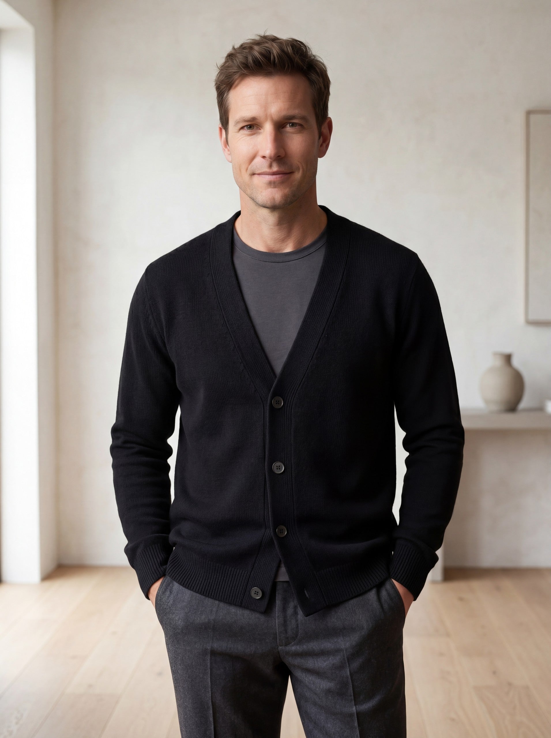 Oversized Button Wool Cardigan — Black