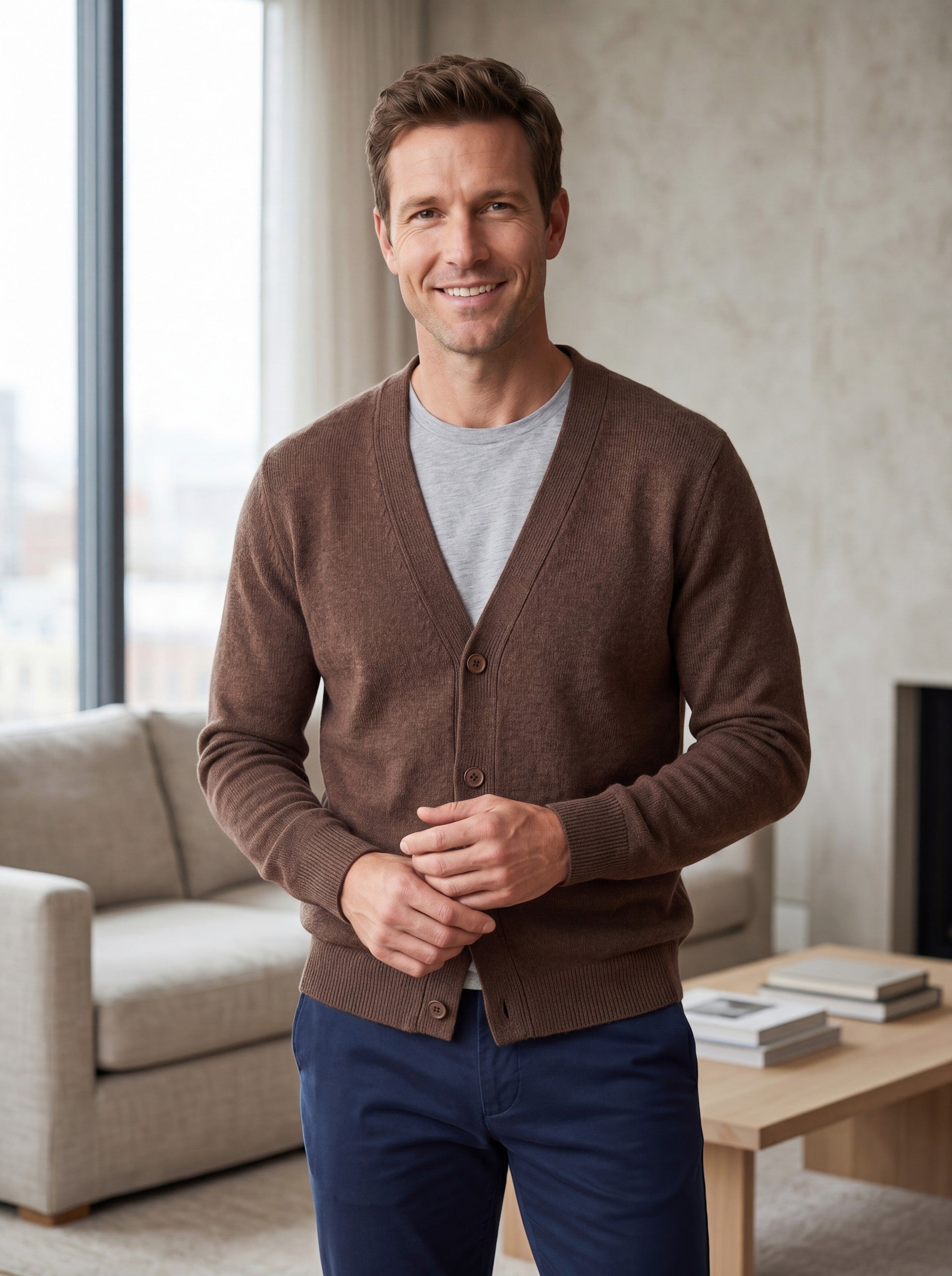 Oversized Button Wool Cardigan — Brown