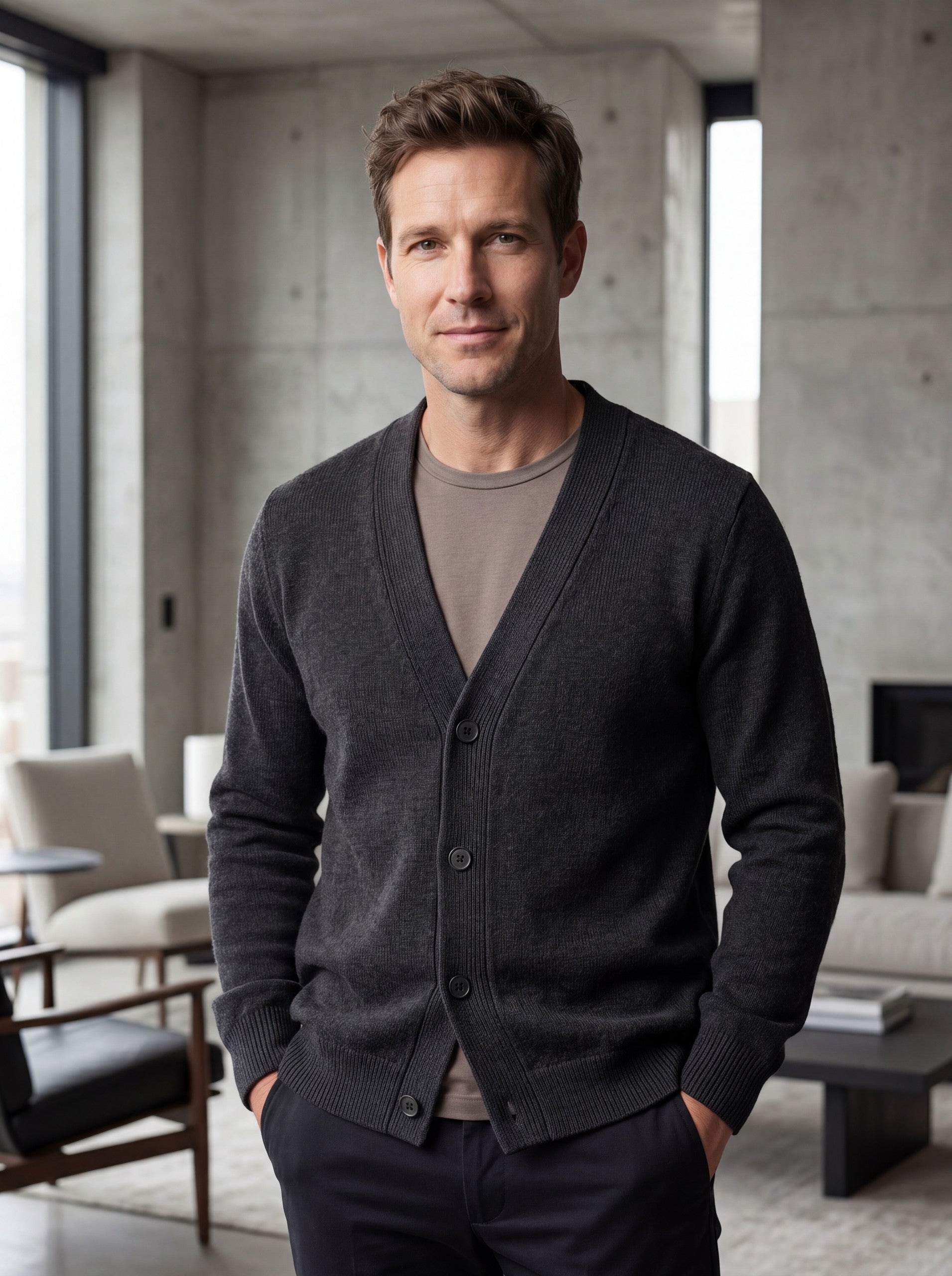 Oversized Button Wool Cardigan — Dark grey