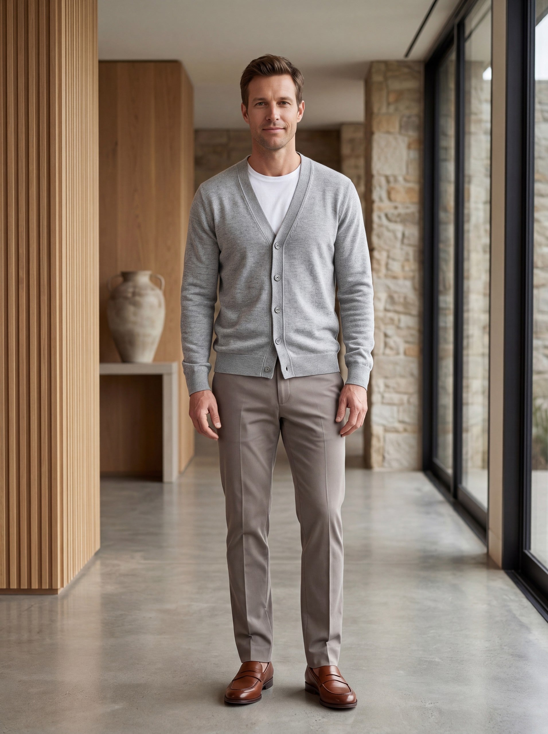 Oversized Button Wool Cardigan — Light grey
