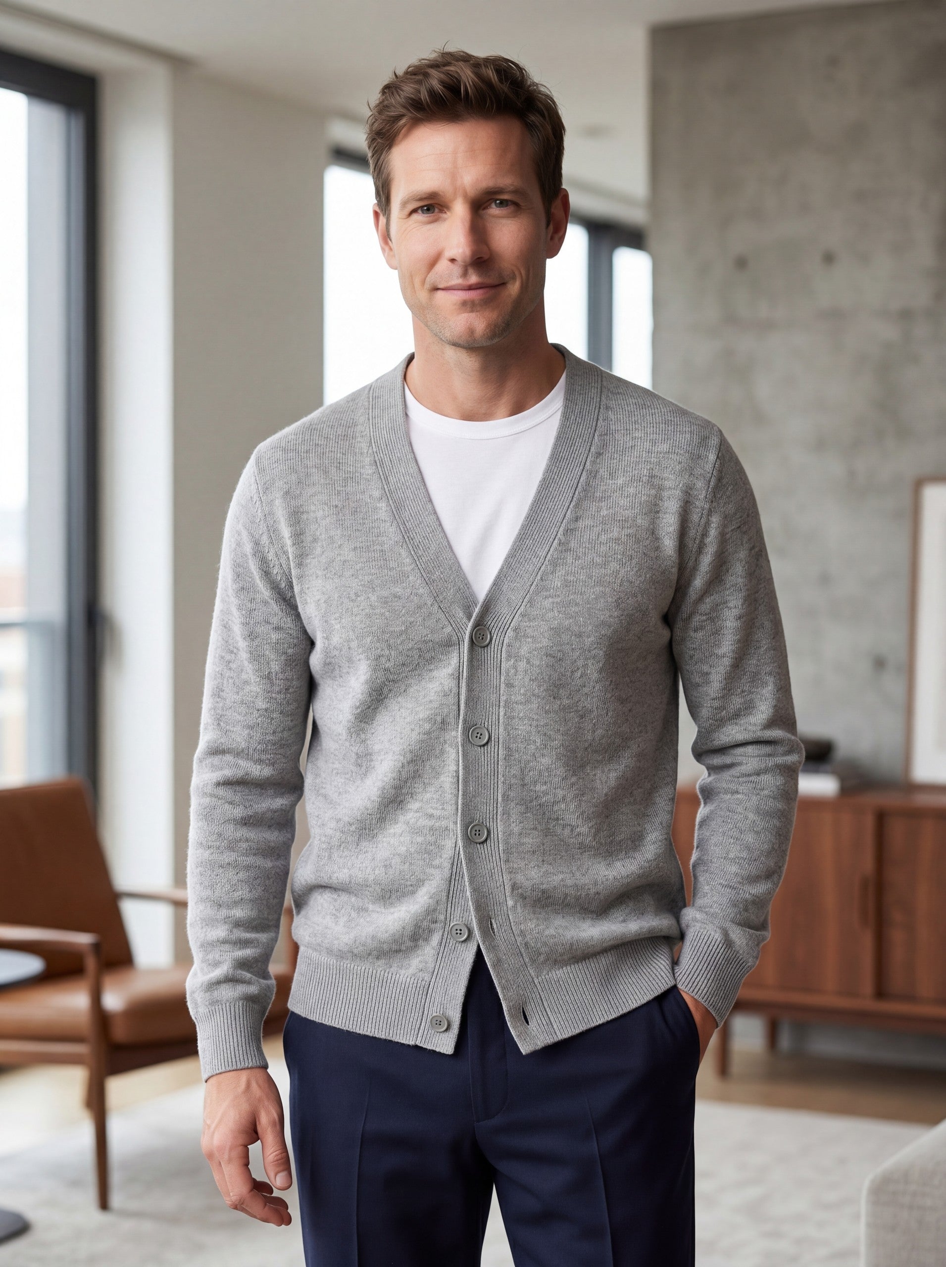 Oversized Button Wool Cardigan — Light grey