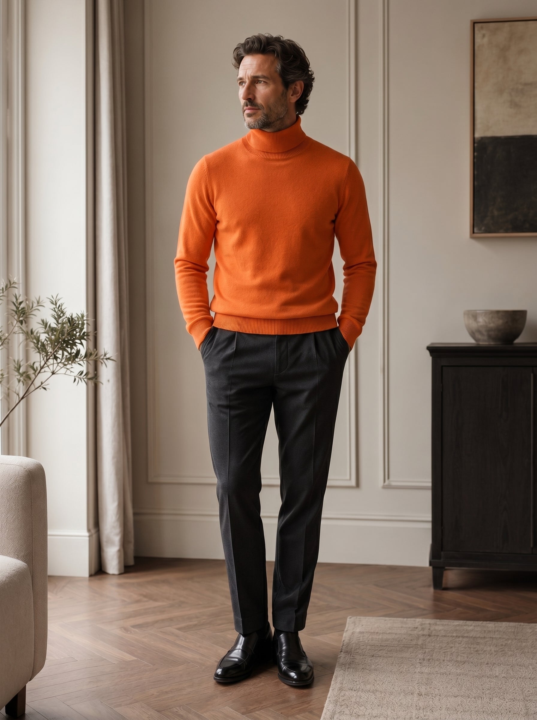 Charcoal Turtleneck Cashmere Sweater — Orange