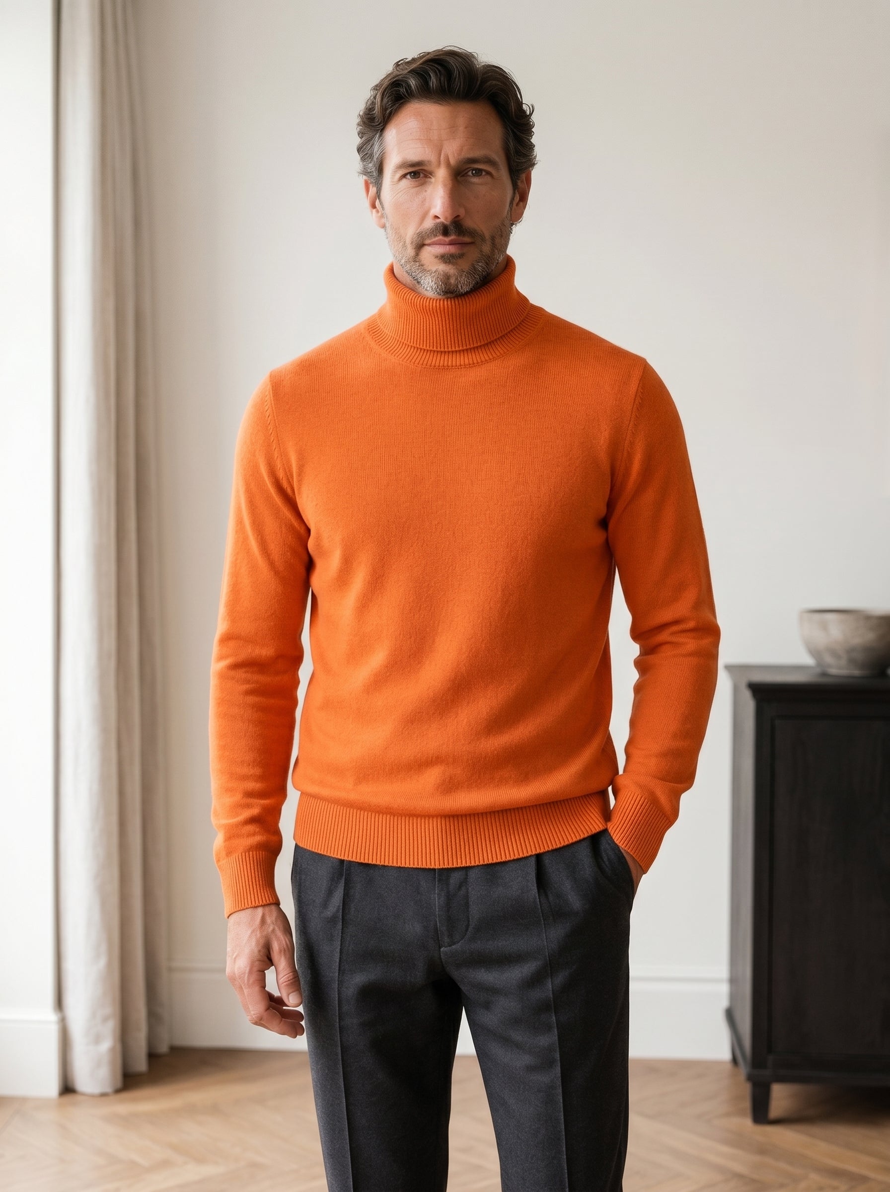Charcoal Turtleneck Cashmere Sweater — Orange