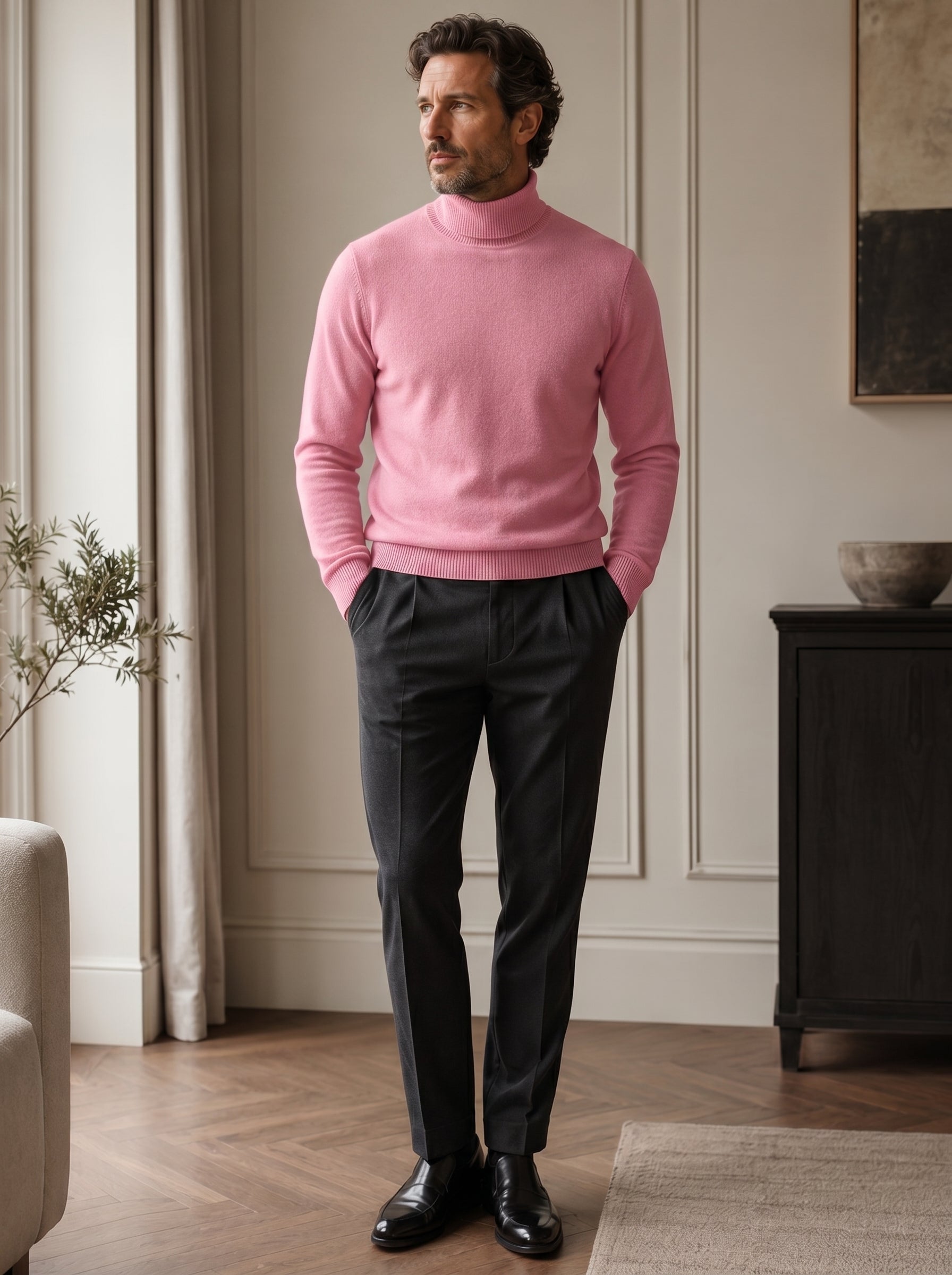 Charcoal Turtleneck Cashmere Sweater — Pink