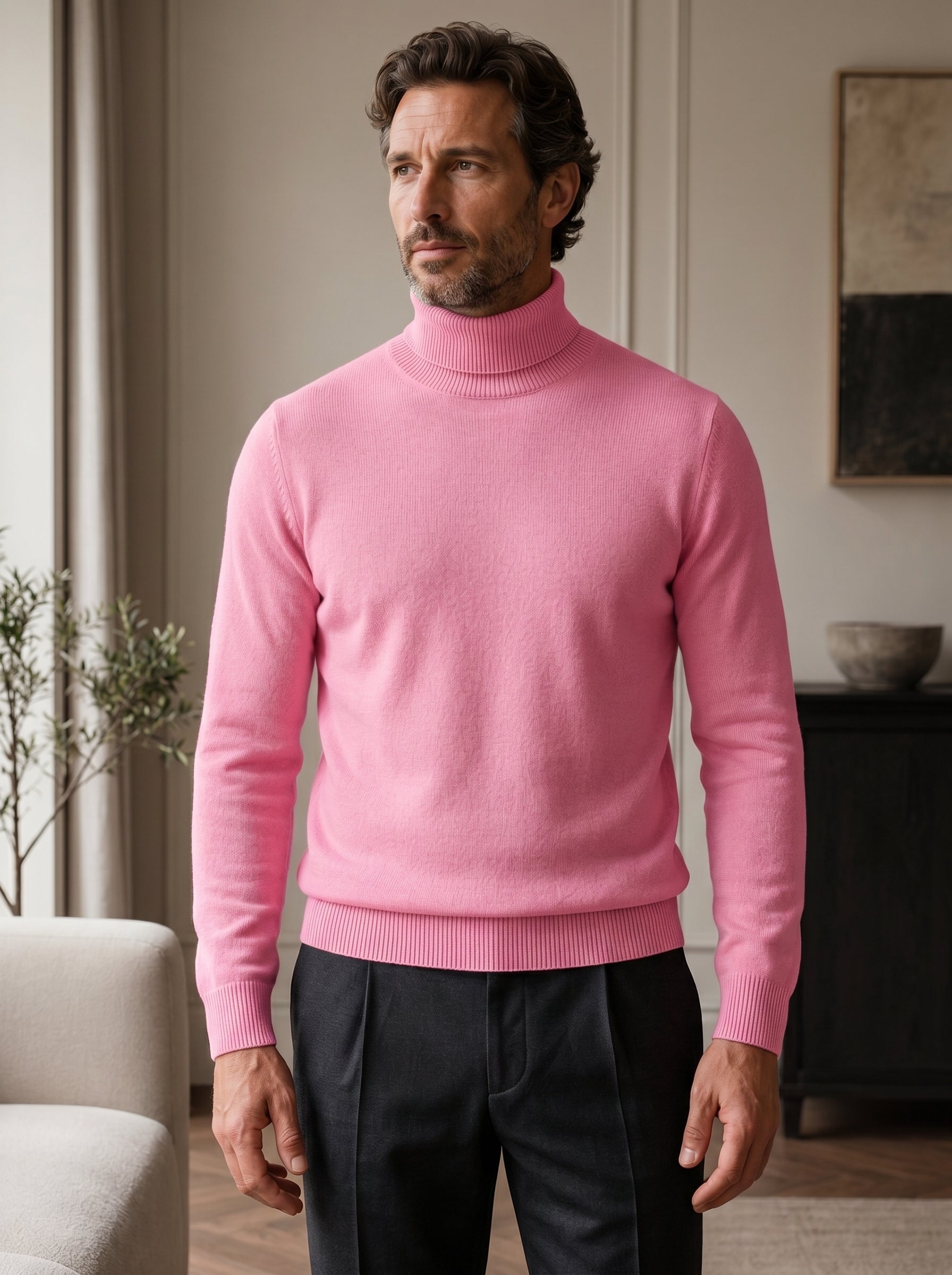 Charcoal Turtleneck Cashmere Sweater — Pink