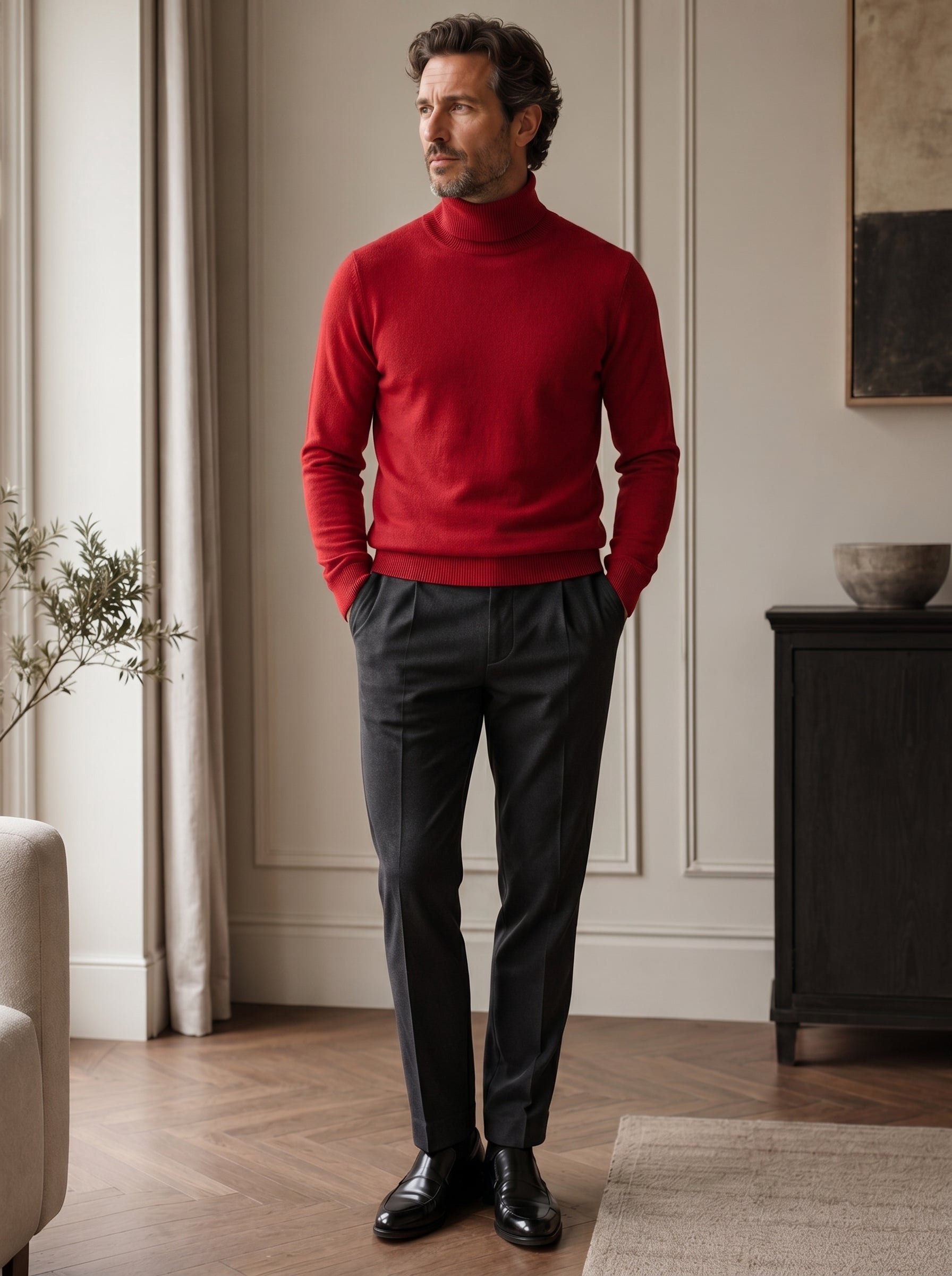 Charcoal Turtleneck Cashmere Sweater — Red