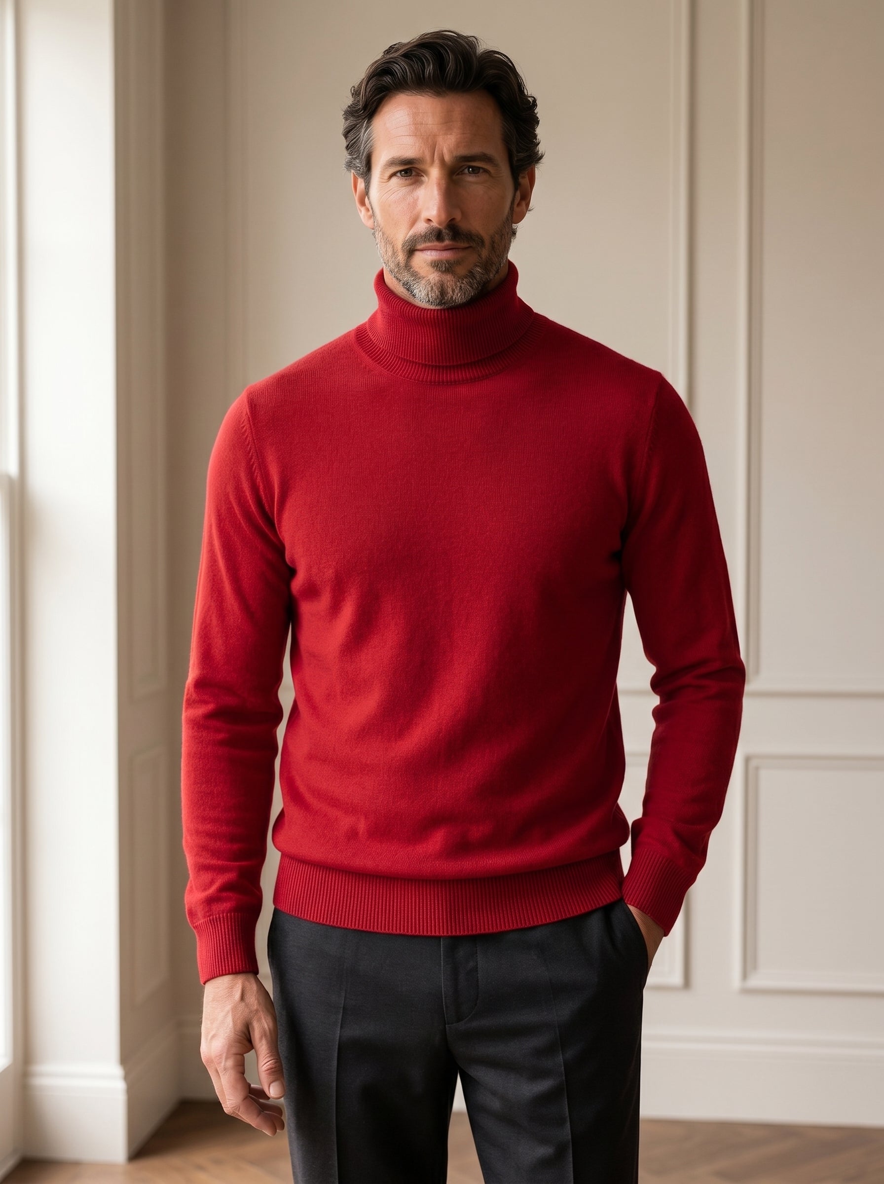 Charcoal Turtleneck Cashmere Sweater — Red