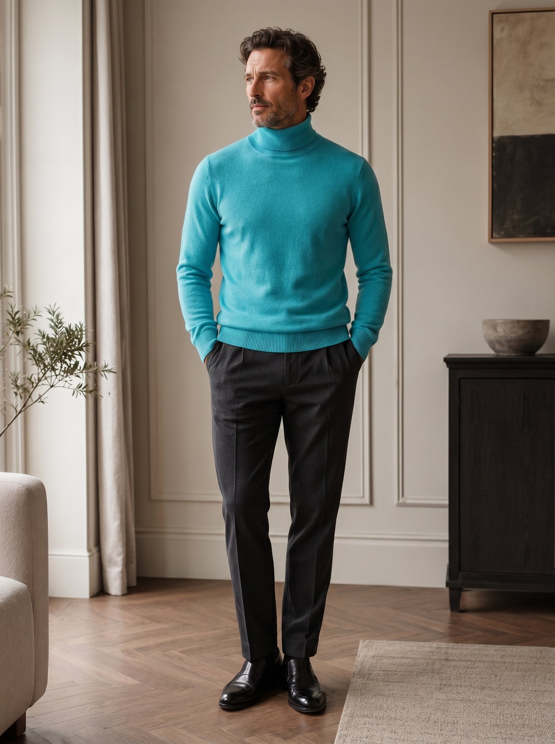 Charcoal Turtleneck Cashmere Sweater — Turquoise