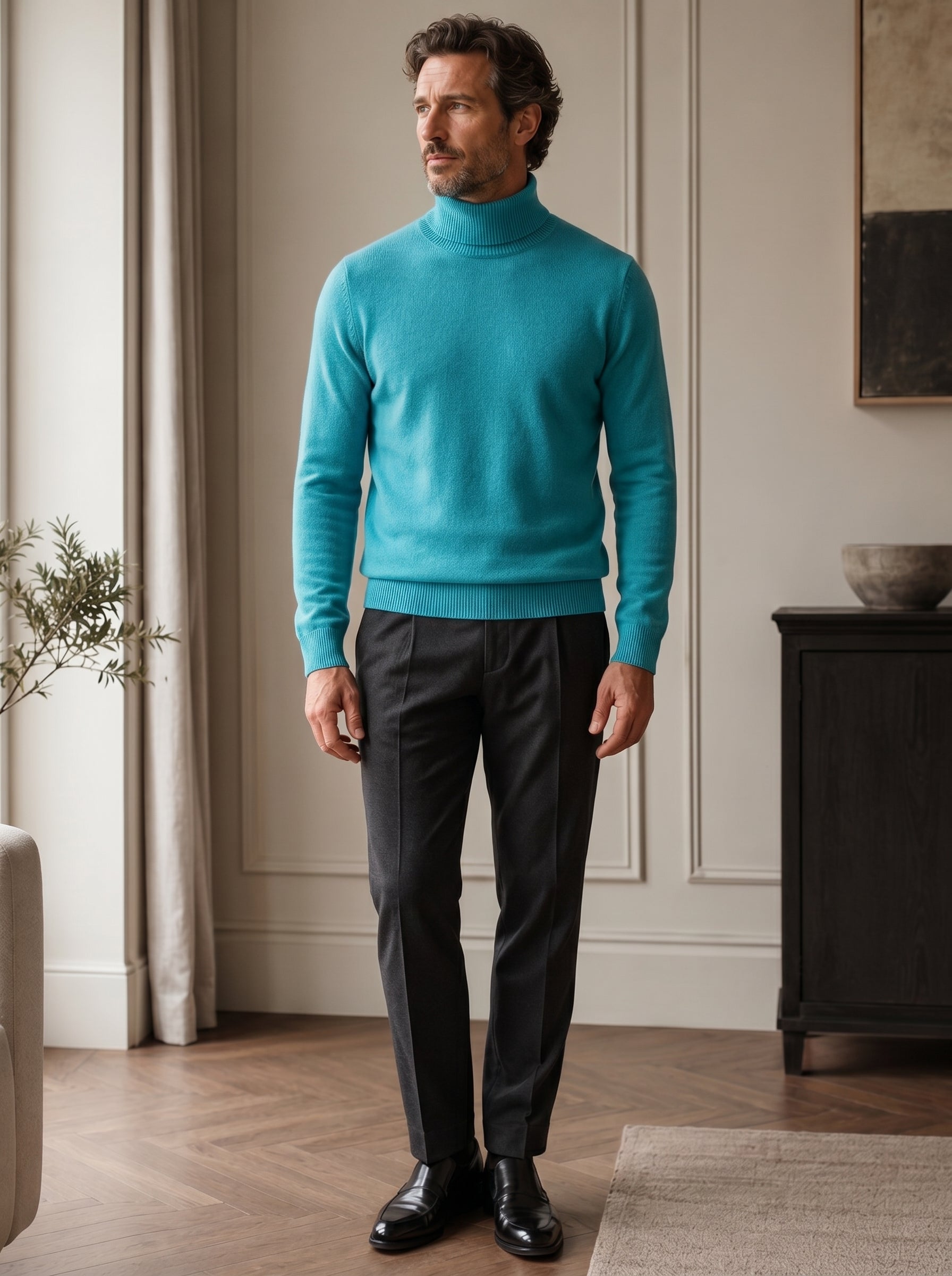 Charcoal Turtleneck Cashmere Sweater — Turquoise