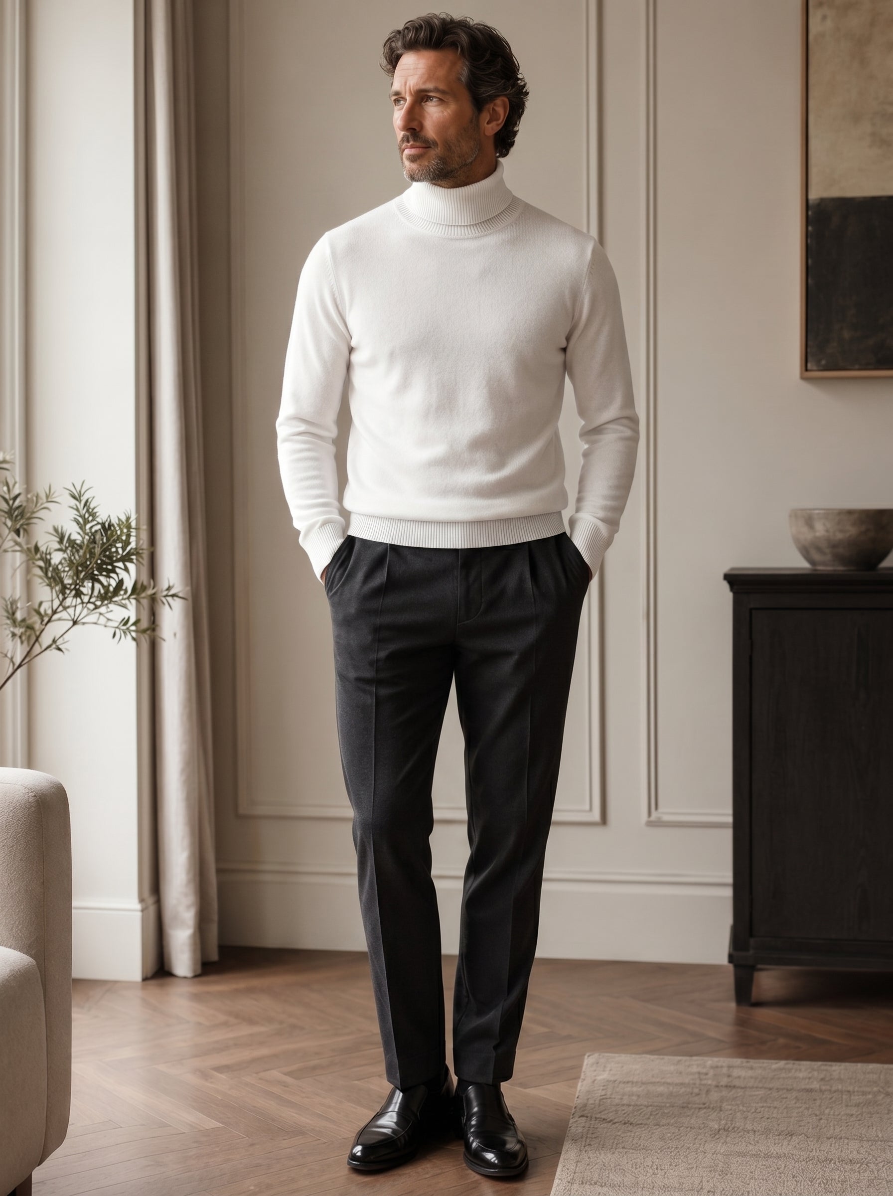 Charcoal Turtleneck Cashmere Sweater — White